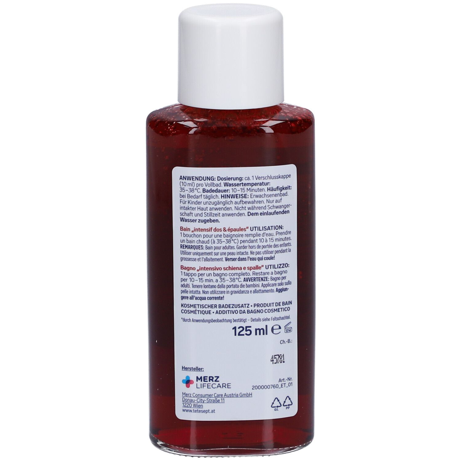 tetesept® Rücken & Schulter Intensiv Bad. Achterkant van de fles met informatie en ingrediënten.