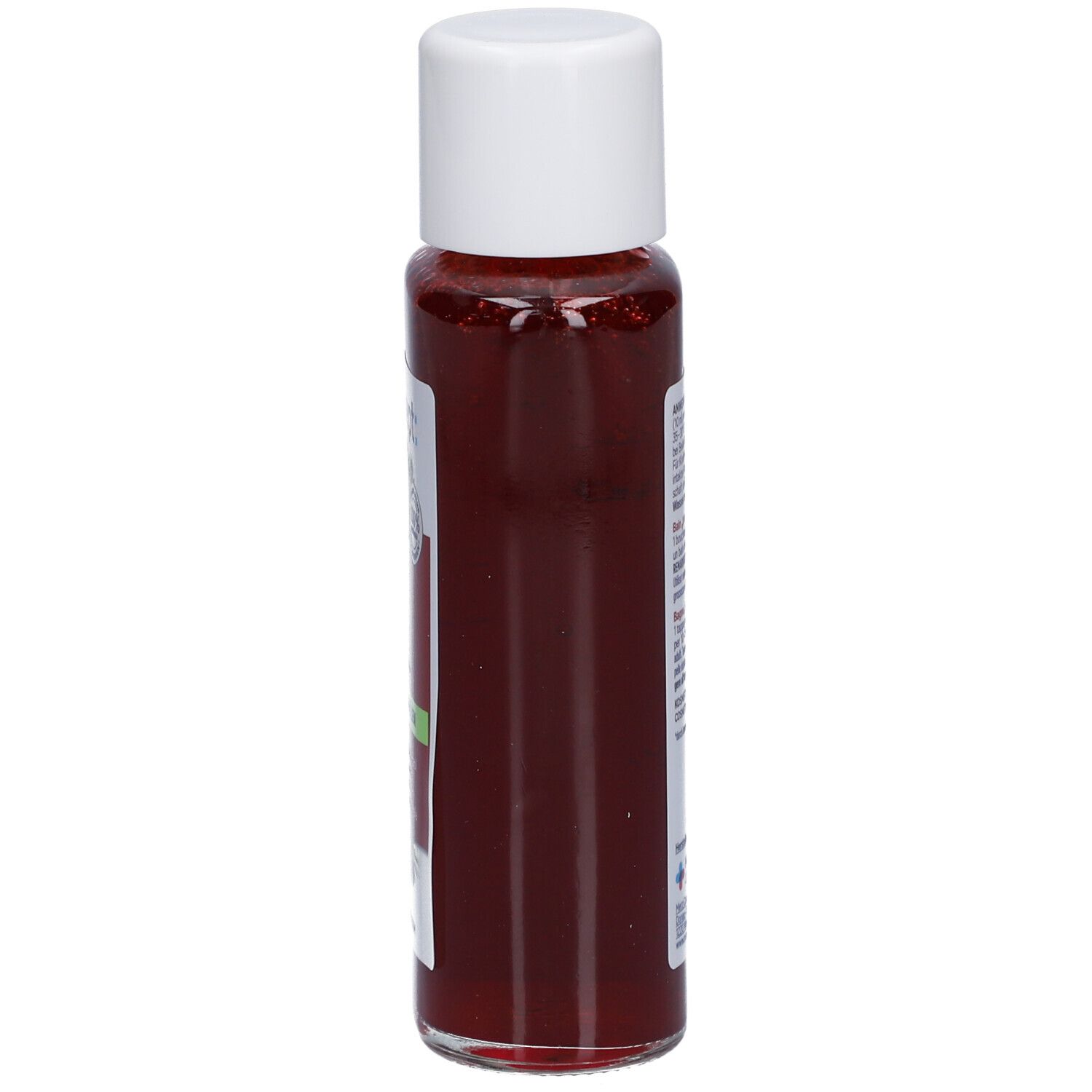 tetesept® Rücken & Schulter Intensiv Bad. Rode vloeistof in fles met witte dop. Zijaanzicht.