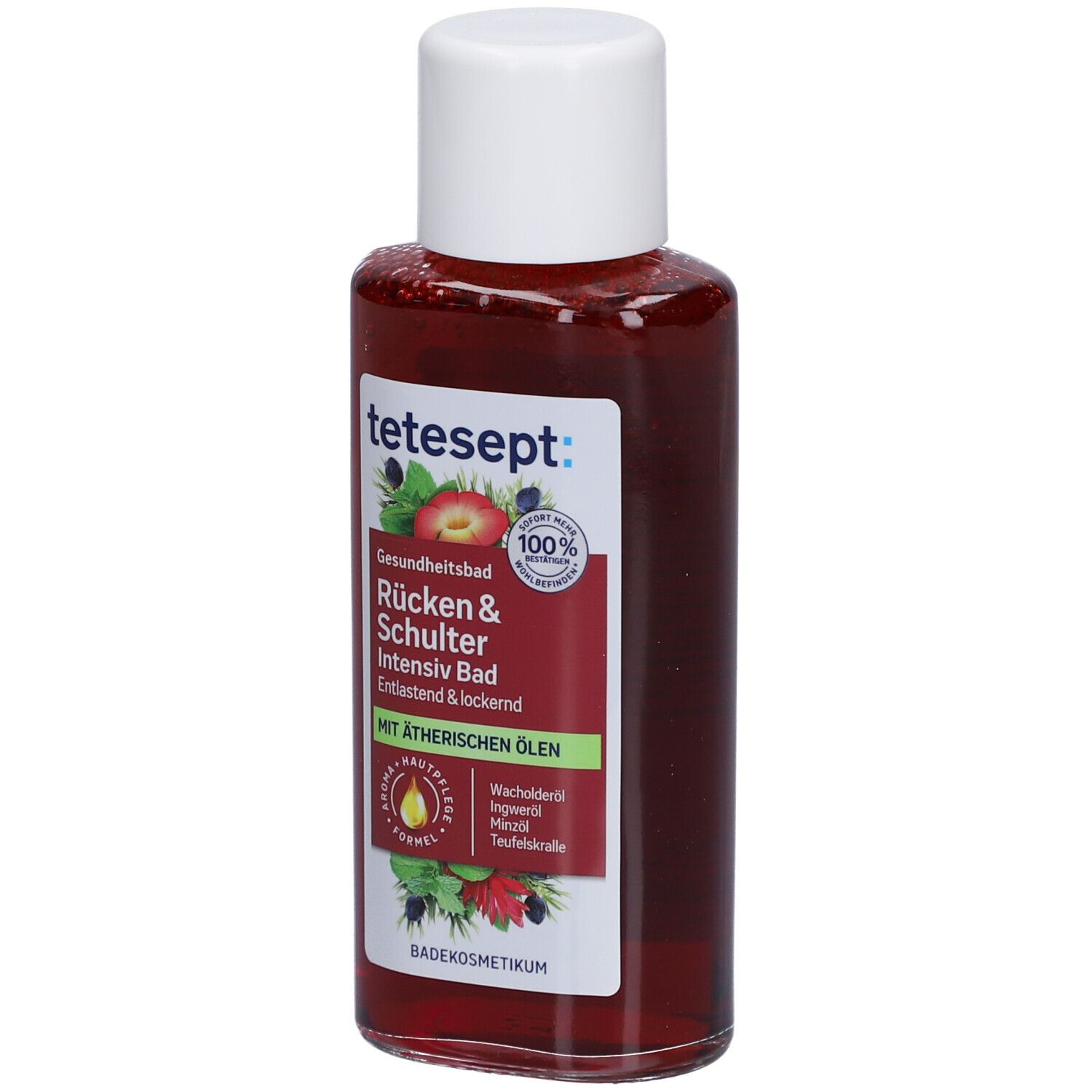 tetesept® Rücken & Schulter Intensiv Bad. Rode vloeistof in fles met witte dop. Opschrift.