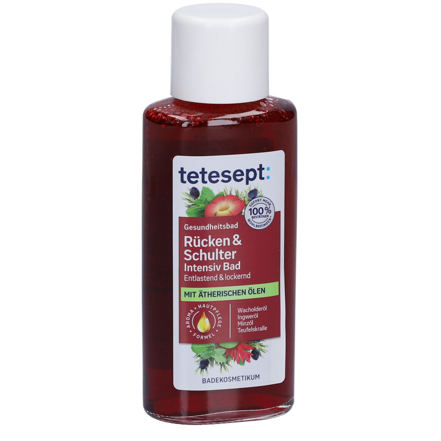 tetesept® Rücken & Schulter Intensiv Bad. Rode vloeistof in fles met witte dop. Opschrift.