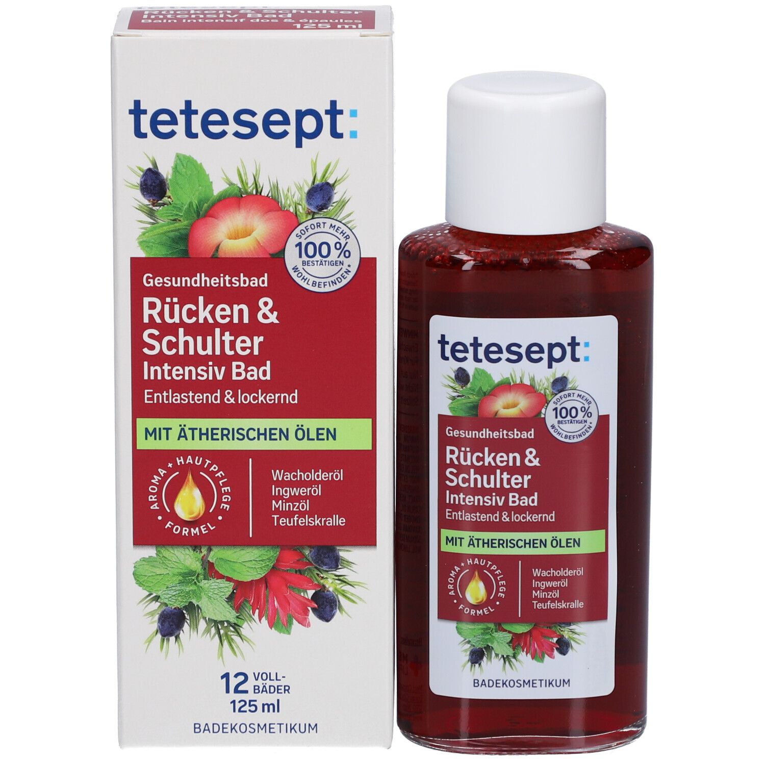 tetesept® Rücken & Schulter Intensiv Bad en verpakking. Fles en doos met opschrift en illustraties.