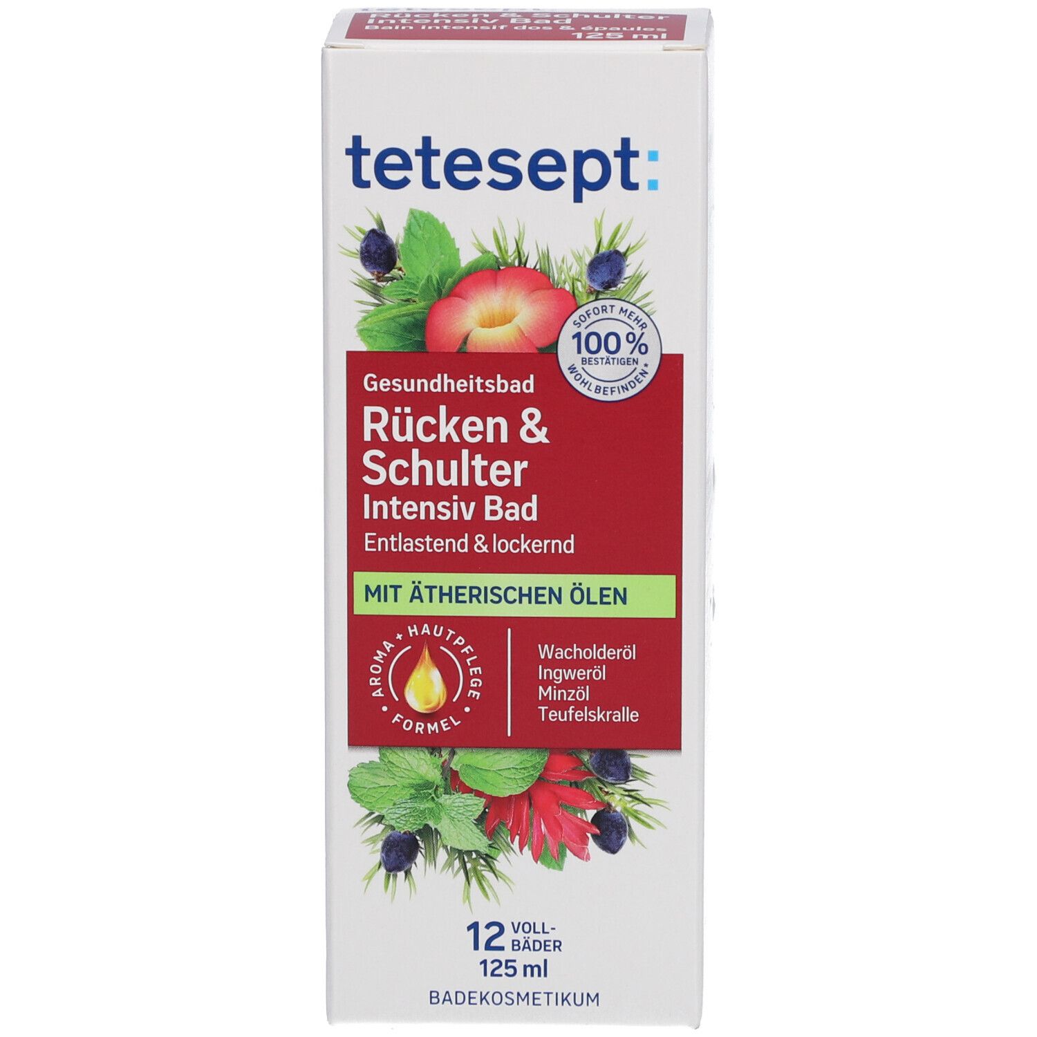 tetesept® Rücken & Schulter Intensiv Bad. Verpakking met opschrift en illustraties.