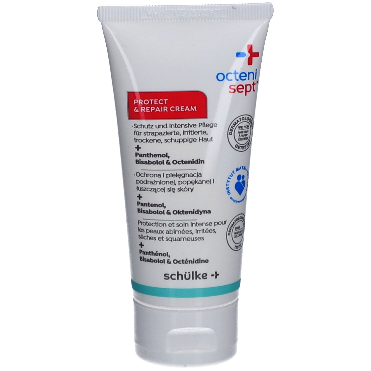 Tube de crème octenisept® protect & repair. Blanc, texte rouge et bleu. Contient du panthénol, bisabolol et octenidine.