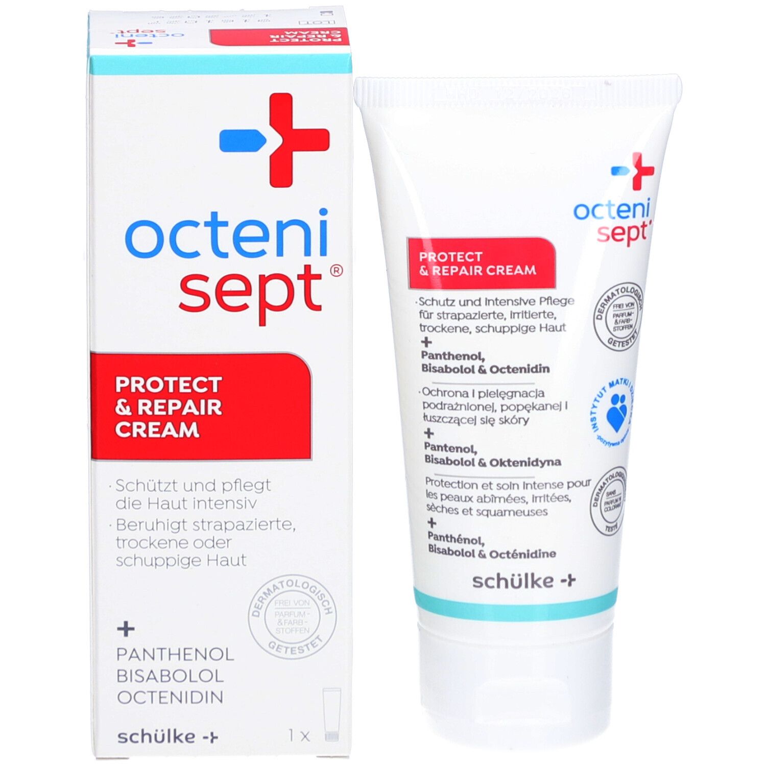Boîte et tube de crème octenisept® protect & repair. Emballage blanc avec texte rouge. Tube à côté.