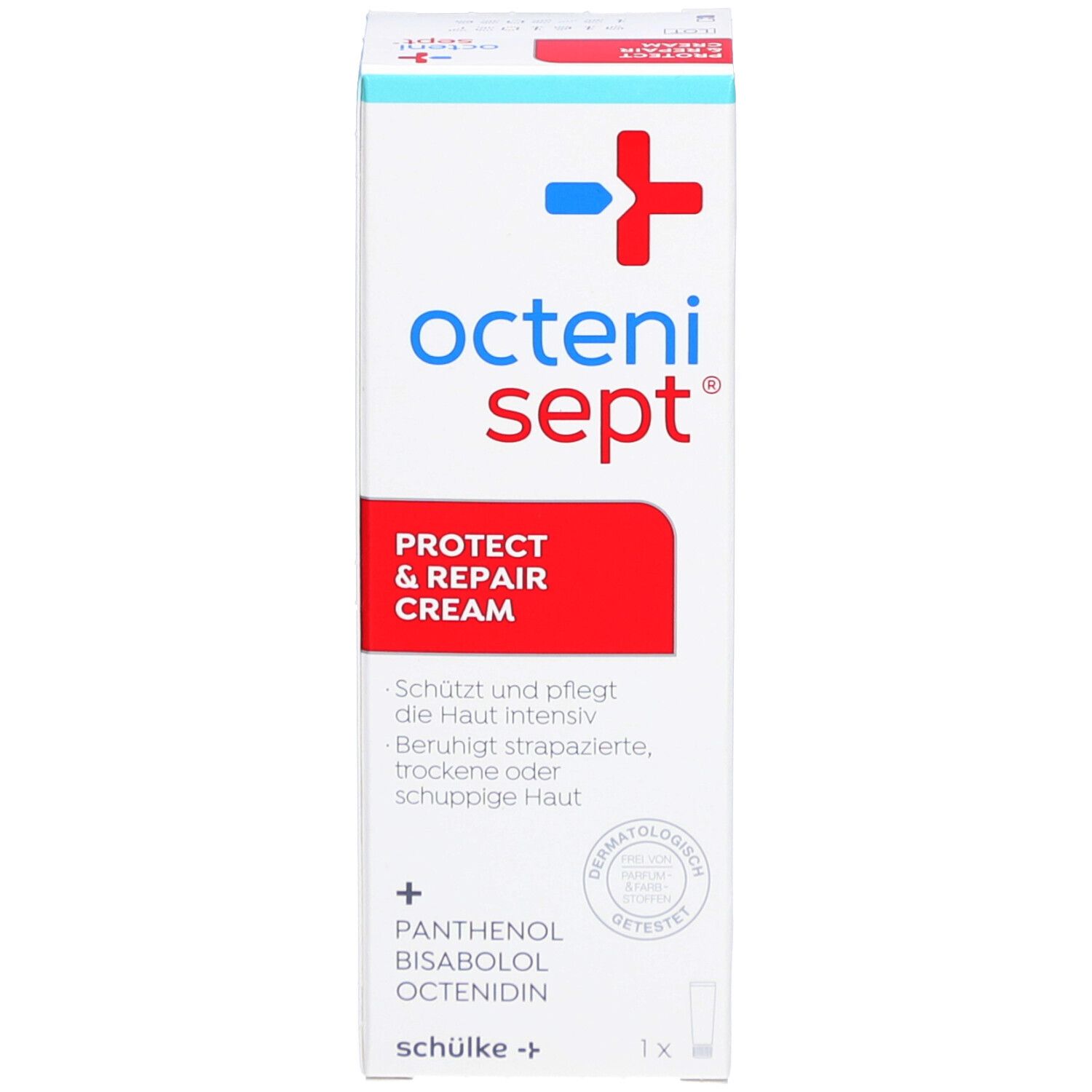 Emballage de crème octenisept® protect & repair. Emballage blanc avec texte rouge. Contient des informations.
