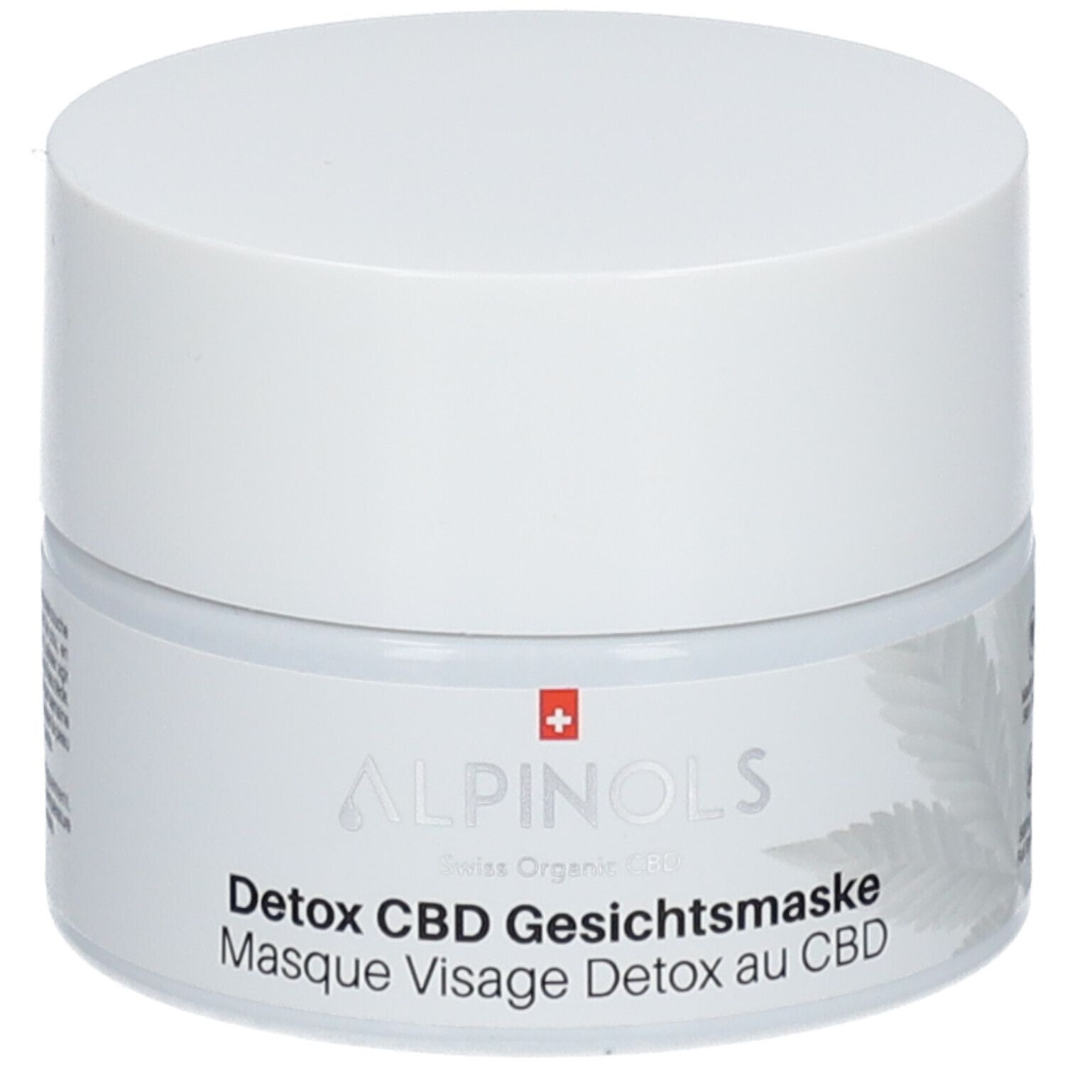 Witte pot met deksel. Opschrift: ALPINOLS Detox CBD Gesichtsmaske. Zwitsers kruis.