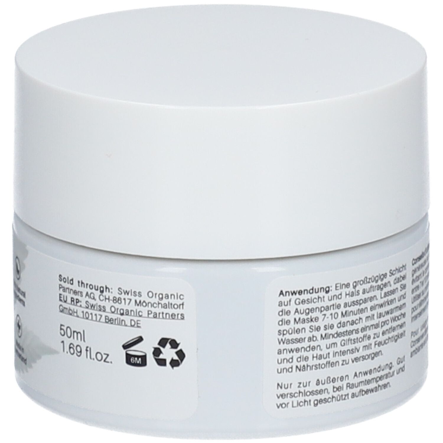 Witte pot met deksel. Opschrift: 50ml, 1.69 fl.oz. Recycling symbool. Tekst: Swiss Organic Partners.