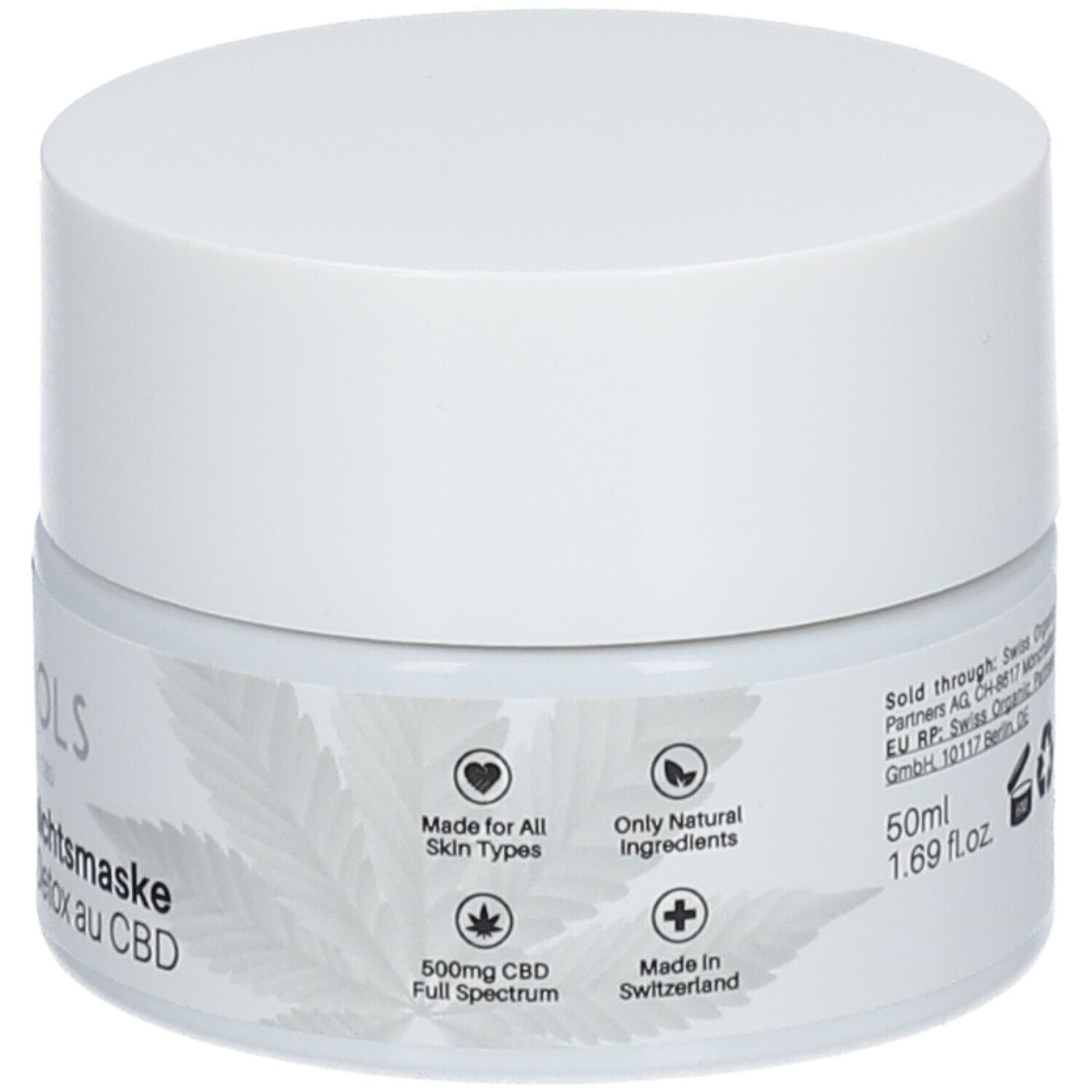 Witte pot met deksel. Opschrift: 50ml, 1.69 fl.oz. Tekst: Made for All Skin Types, Only Natural Ingredients.