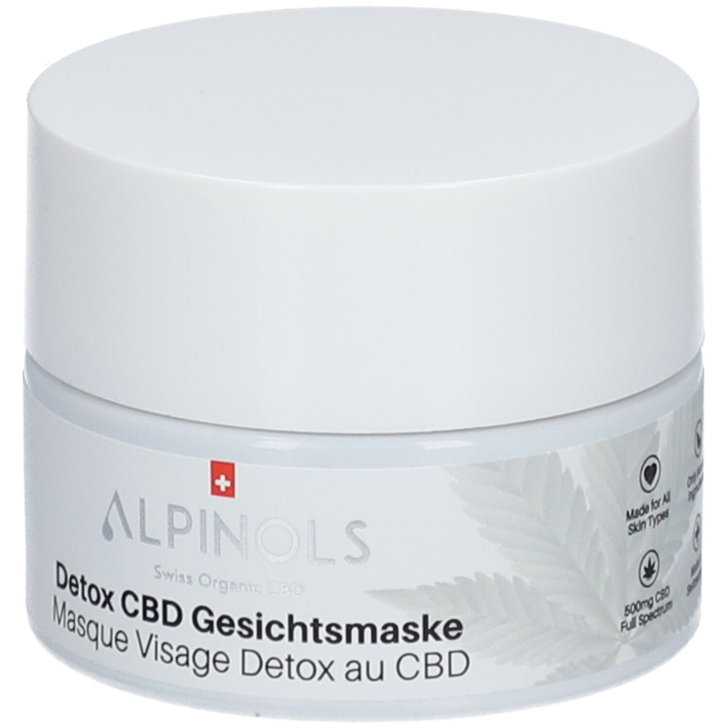 Witte pot met deksel. Opschrift: ALPINOLS Detox CBD Gesichtsmaske. Zwitsers kruis.