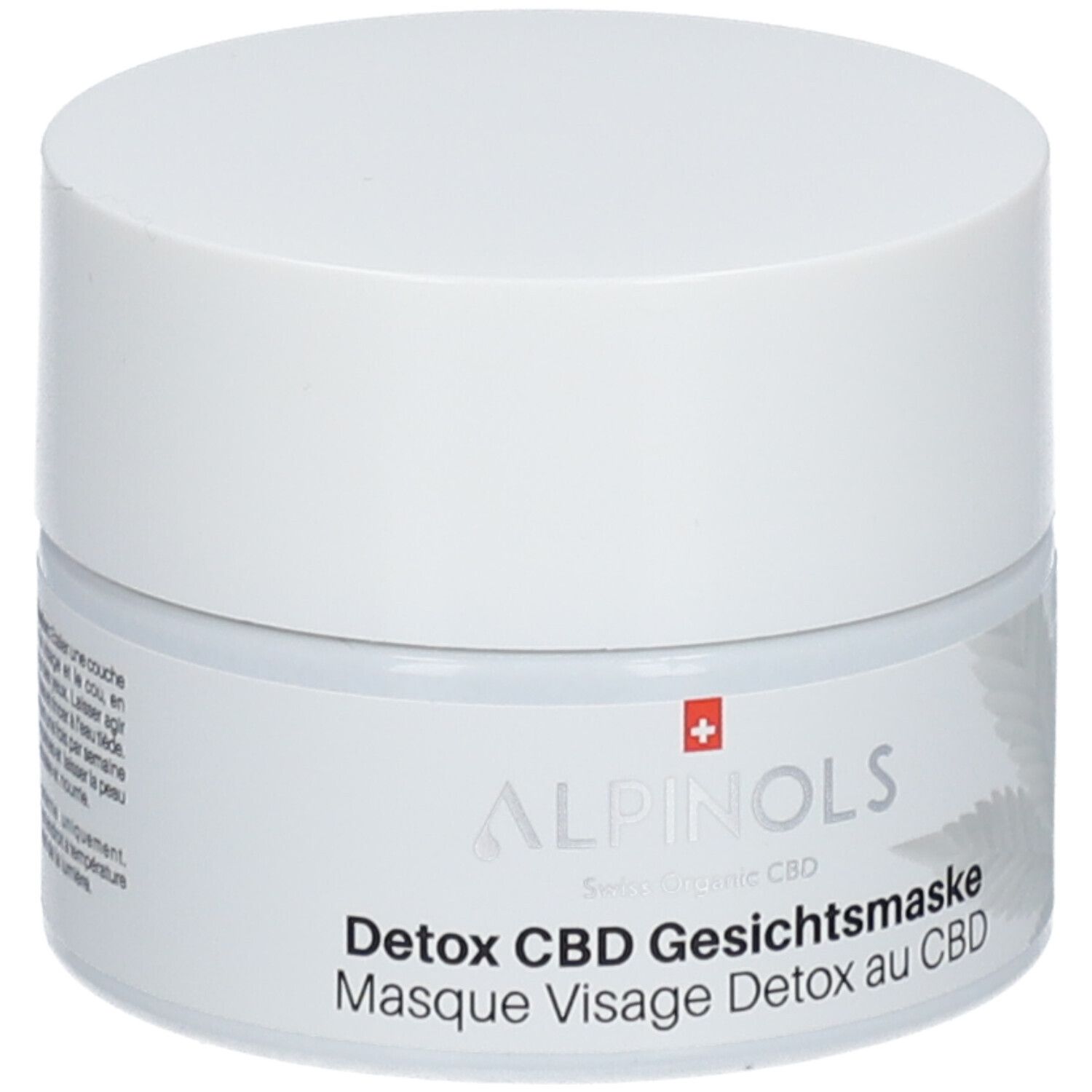 Witte pot met deksel. Opschrift: ALPINOLS Detox CBD Gesichtsmaske. Zwitsers kruis.