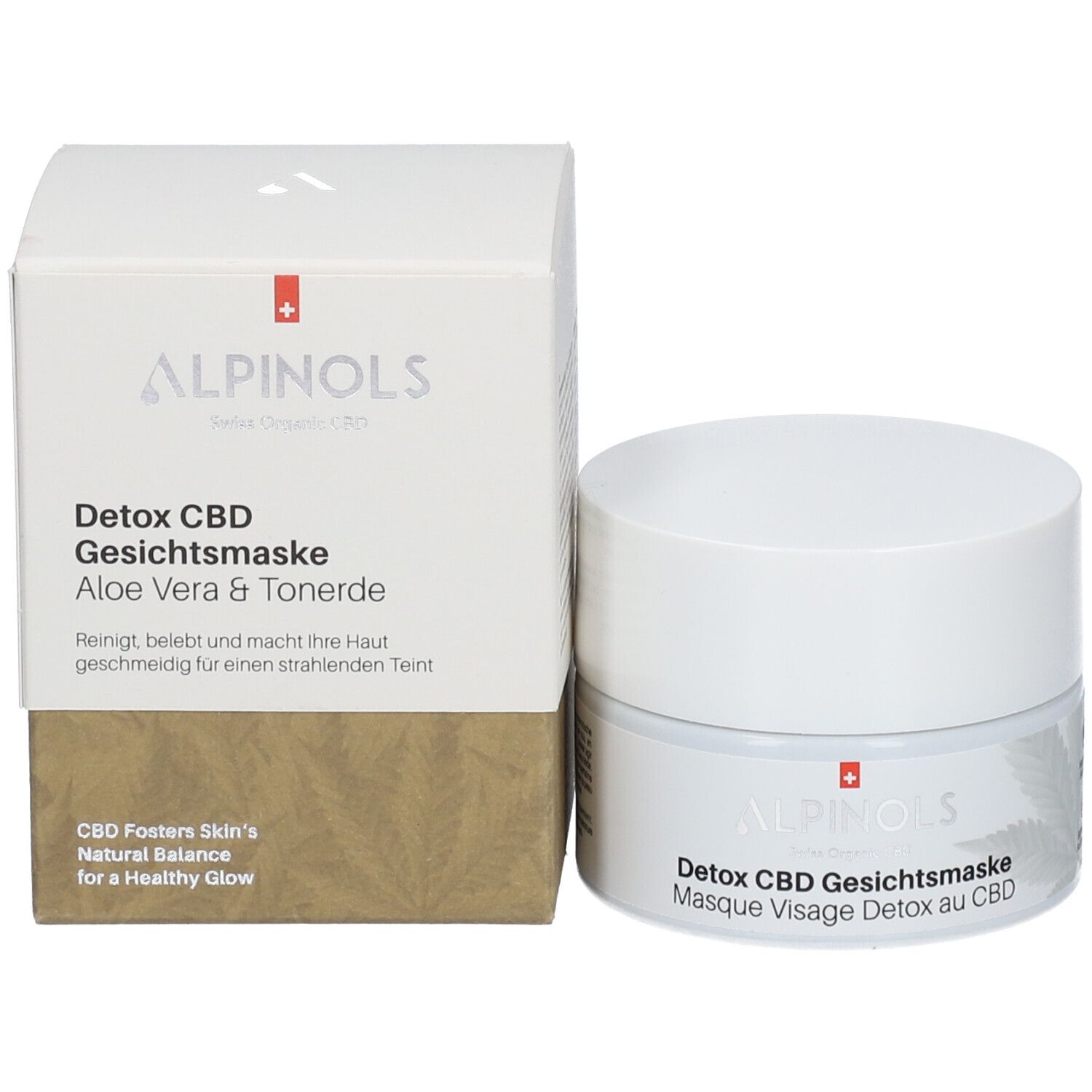 Productverpakking: pot en doos. Opschrift: ALPINOLS Detox CBD Gesichtsmaske Aloe Vera & Tonerde.