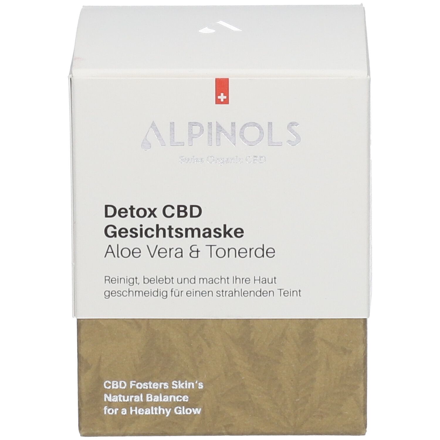 Productverpakking: doos. Opschrift: ALPINOLS Detox CBD Gesichtsmaske Aloe Vera & Tonerde.