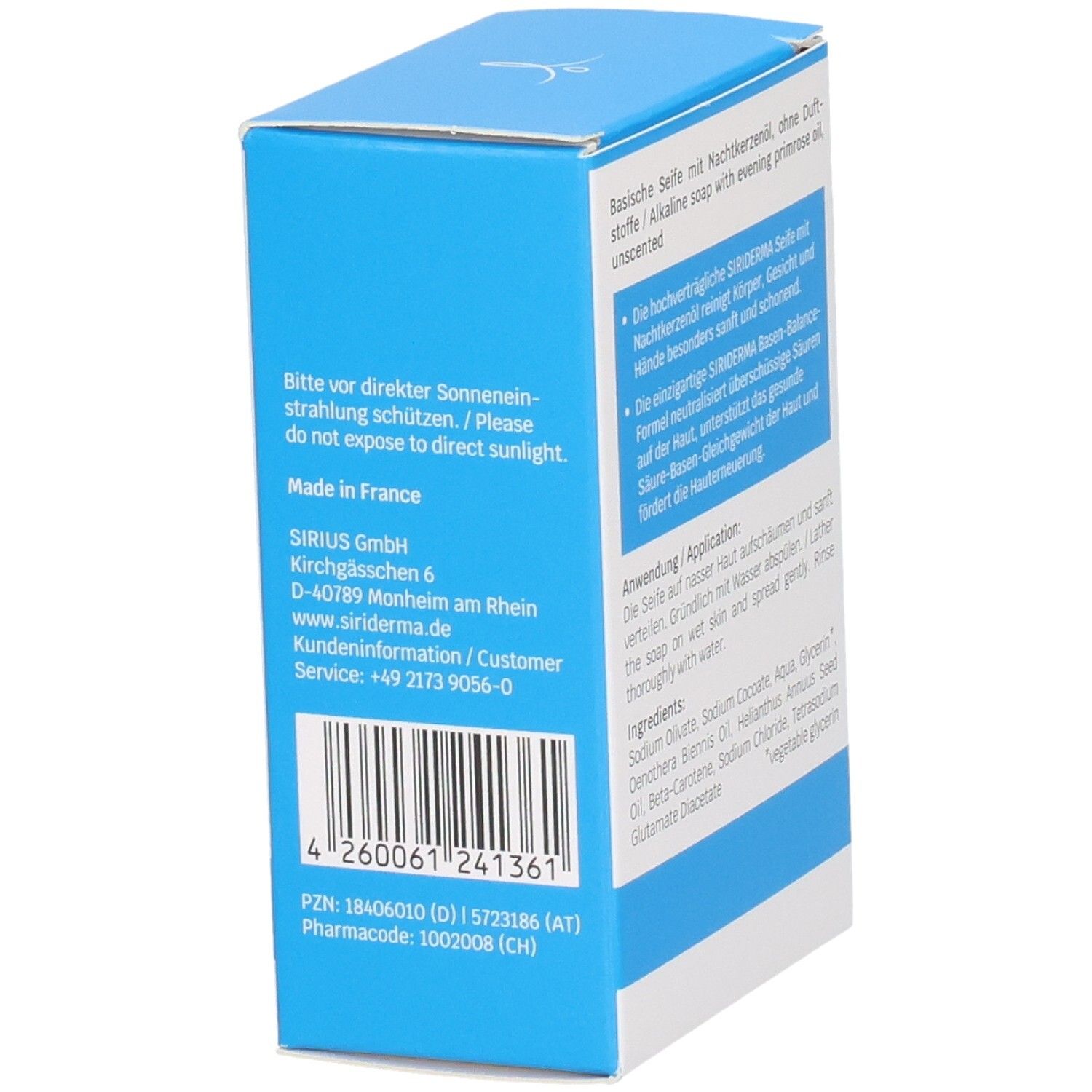 Emballage du savon SIRIDERMA à l'huile d'onagre. Label végétalien et label de qualité. Texte sur les ingrédients et l'utilisation.