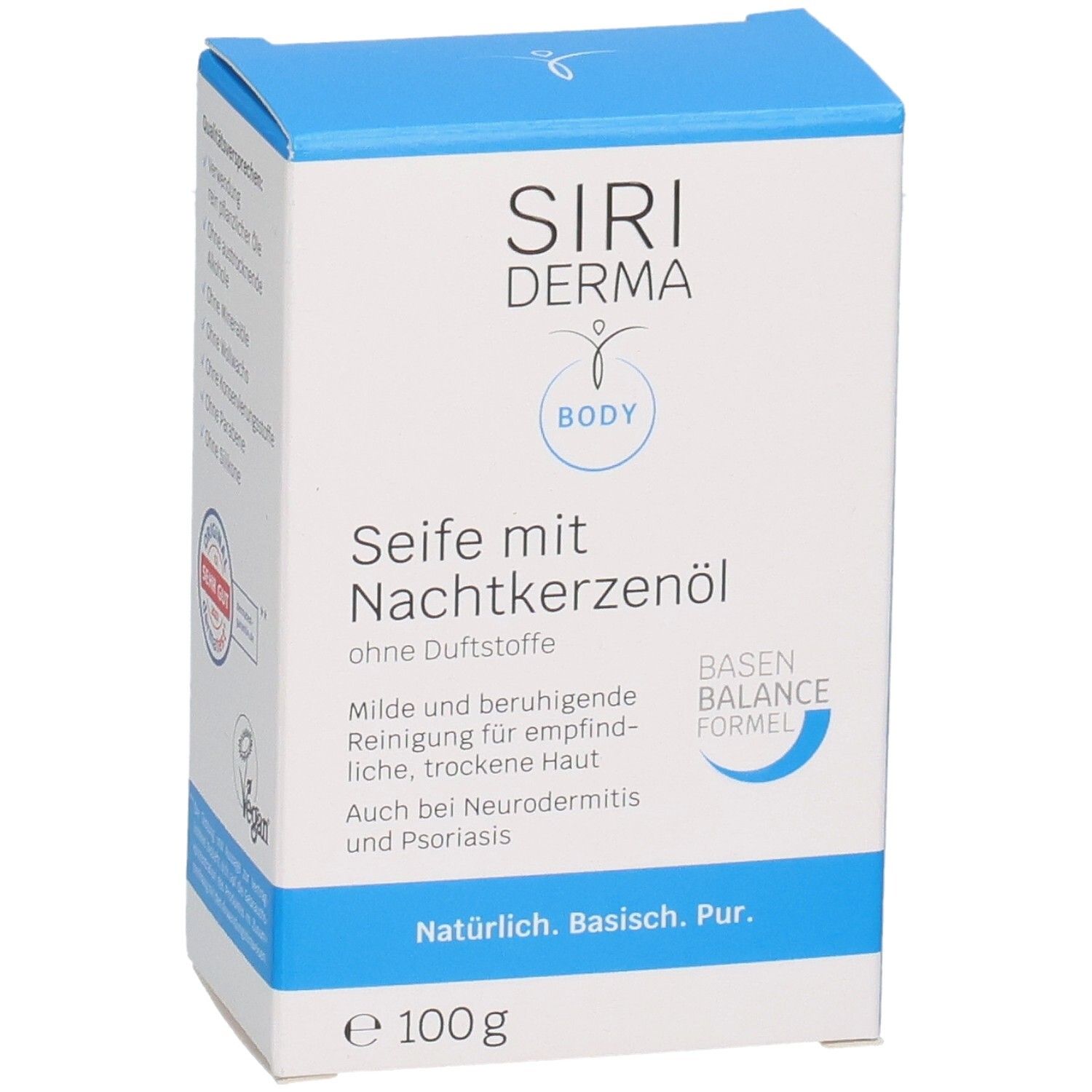 Emballage du savon SIRIDERMA à l'huile d'onagre. Boîte bleue et blanche. Nom du produit et logo visibles.