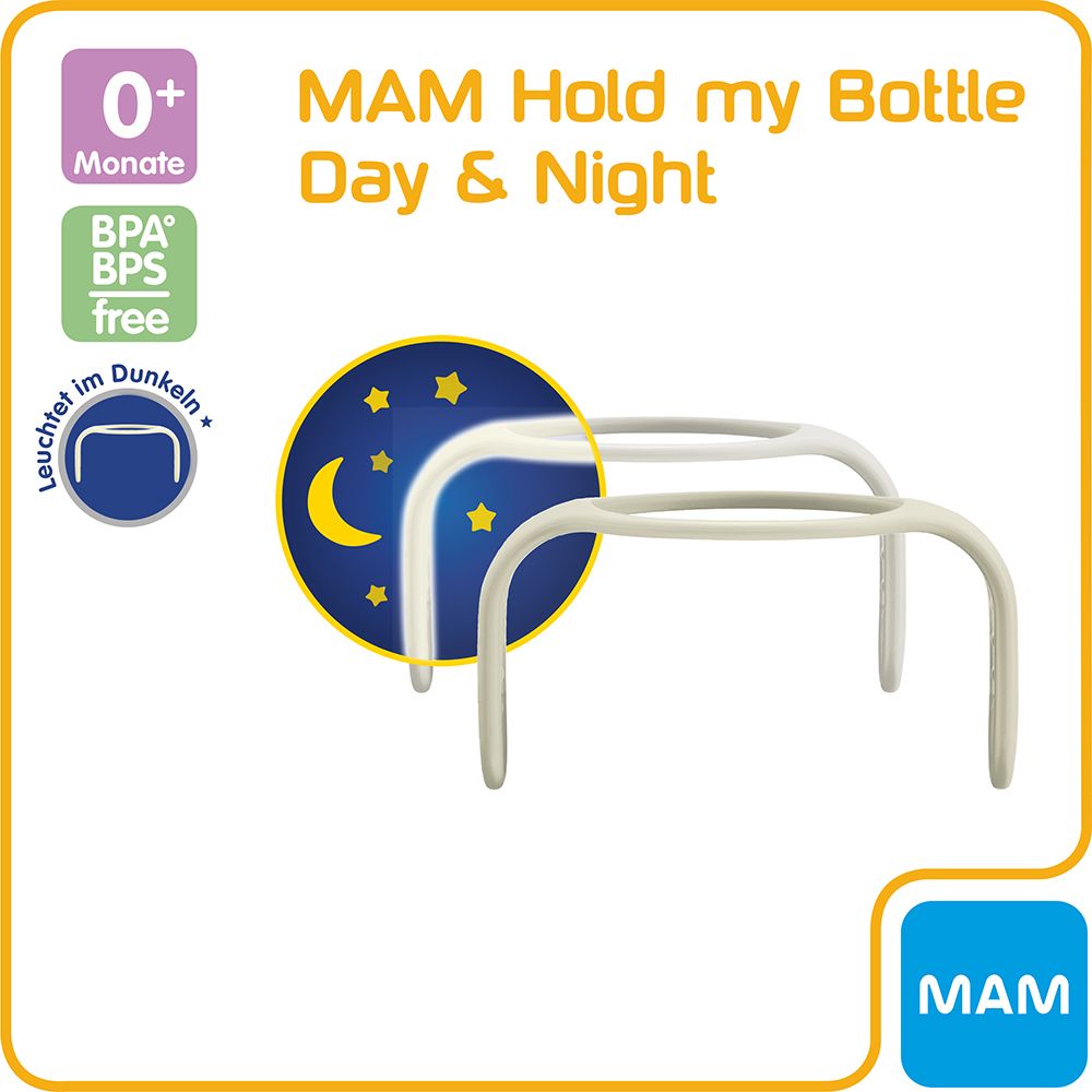 MAM Hold my Bottle Day & Night handgreep. Heldere, U-vormige houder met nachtlichtfunctie. BPA-vrij. MAM-logo. Geschikt vanaf 0+ maanden.