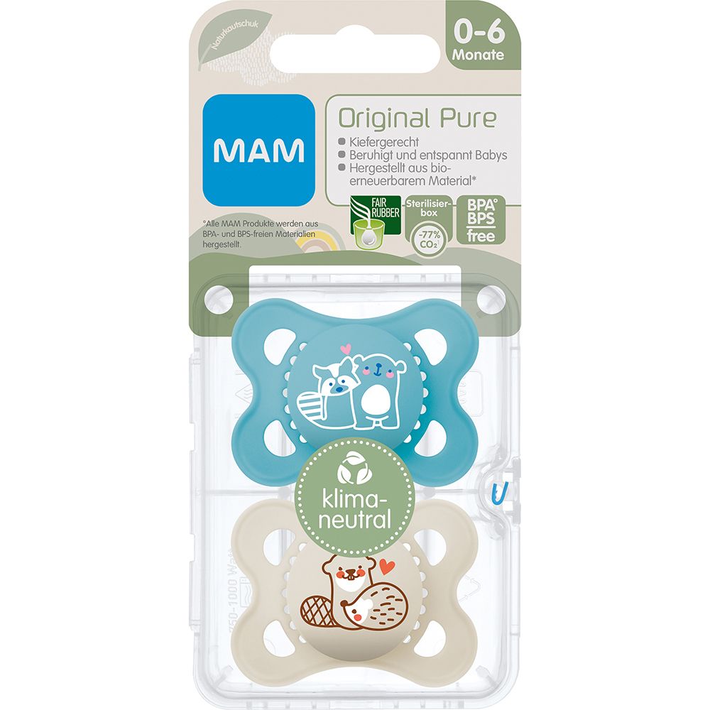 Sucettes MAM Original Pure, 0-6 mois, bleues et beiges. Paquet de deux. Adapté à la mâchoire.