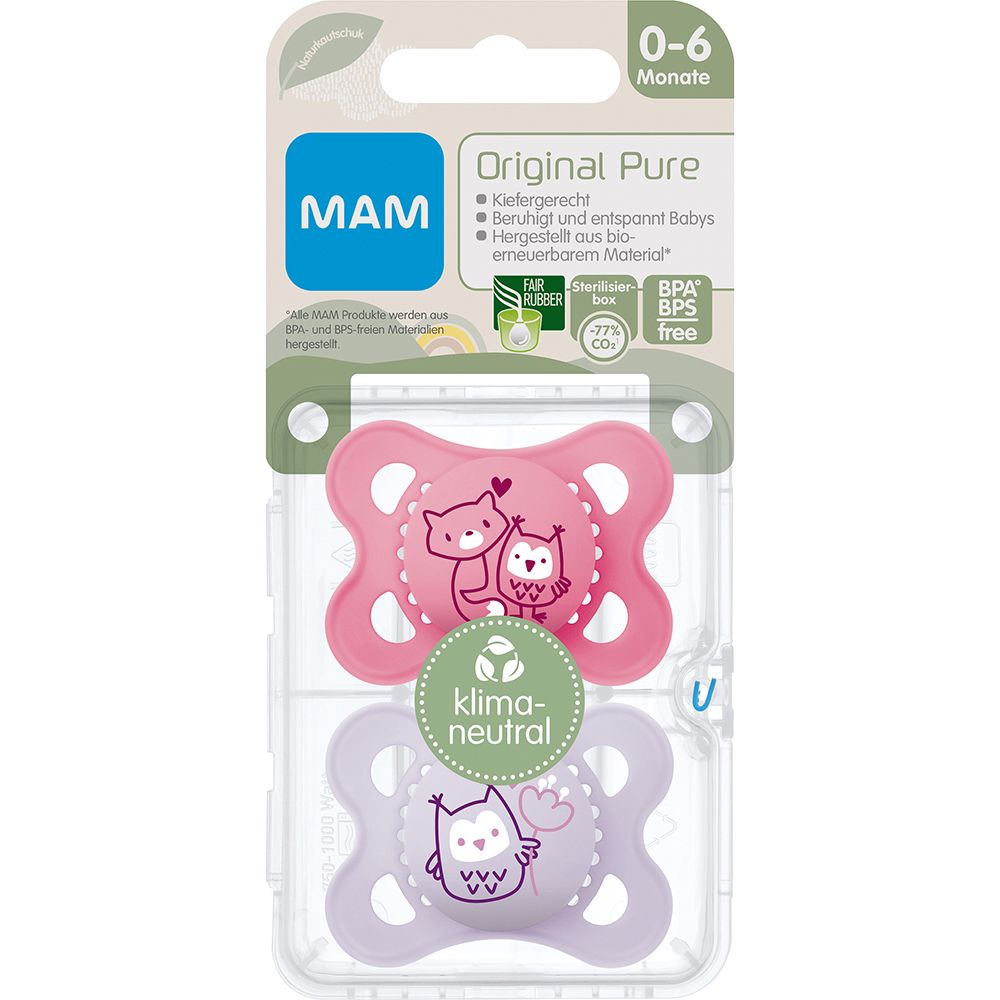 Sucettes MAM Original Pure, 0-6 mois, roses et mauves. Paquet de deux. Adapté à la mâchoire.