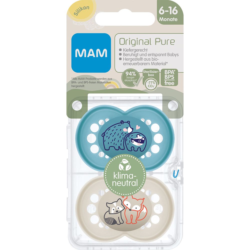 Twee fopspenen in verpakking. Blauw en beige met dierenmotieven. Merk MAM, Original Pure, 6-16 maanden.