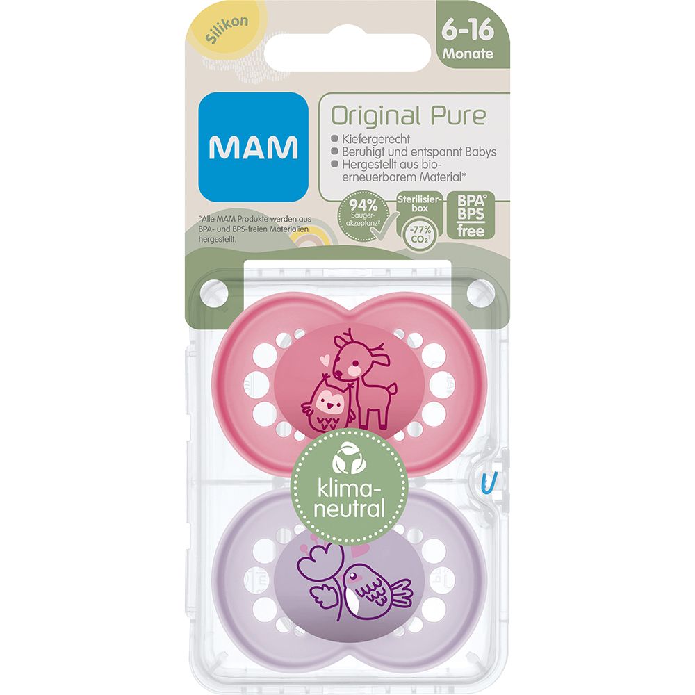 Twee fopspenen in verpakking. Roze en paars met dierenmotieven. Merk MAM, Original Pure, 6-16 maanden.