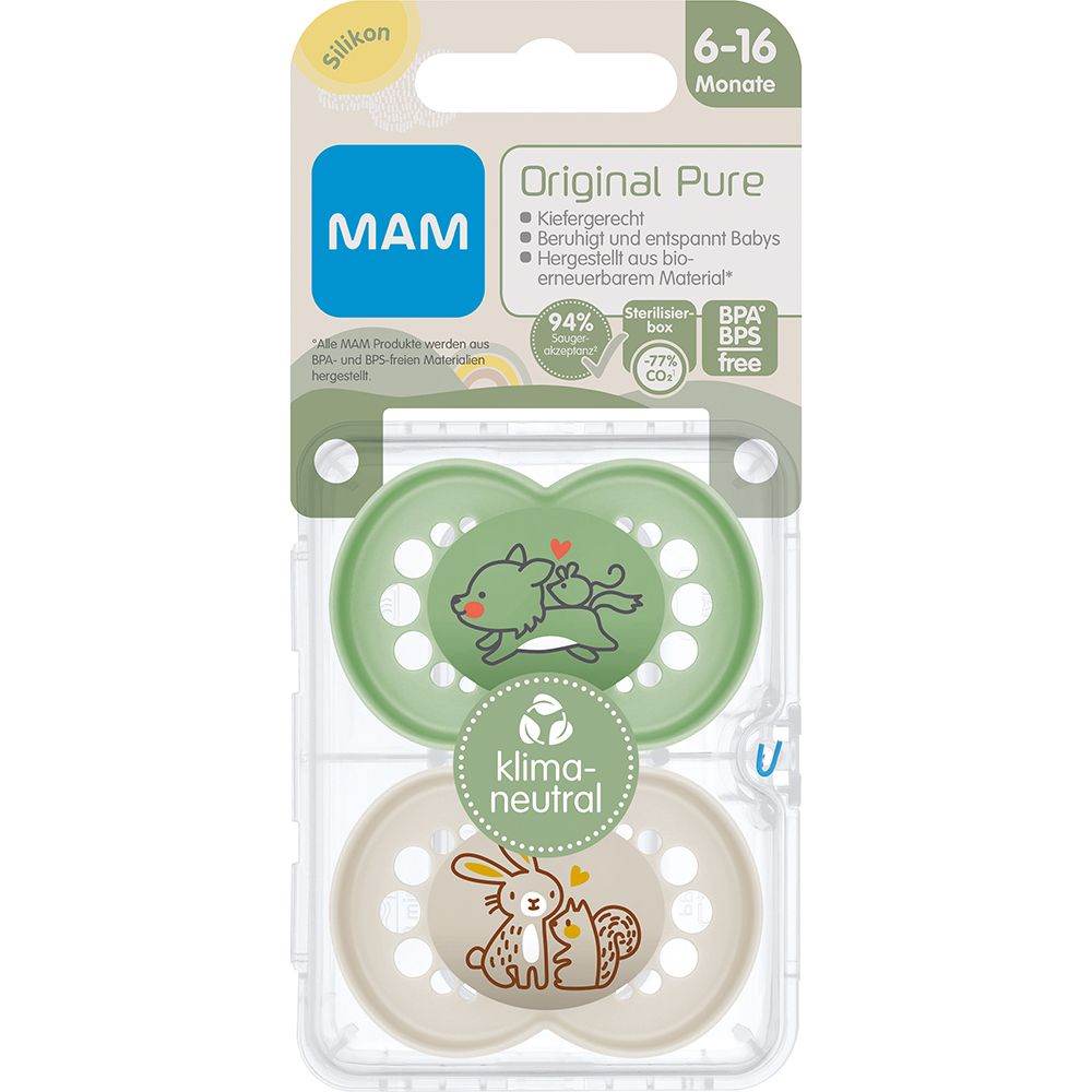 Twee fopspenen in verpakking. Groen en beige met dierenmotieven. Merk MAM, Original Pure, 6-16 maanden.