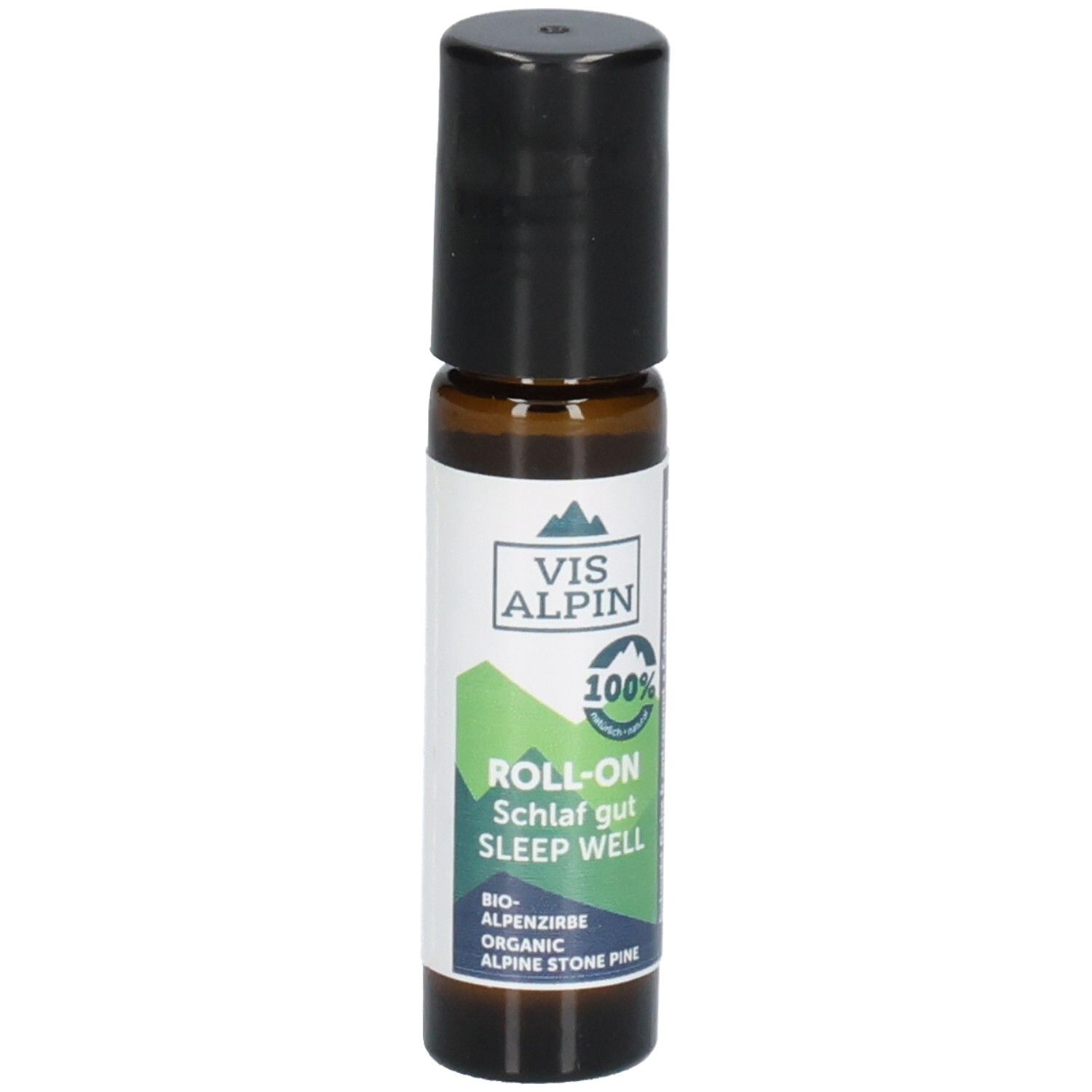 Flacon en verre brun avec bouchon noir. VIS ALPIN Roll-On, Schlaf gut, 100% naturel. Bio-Pin de montagne.