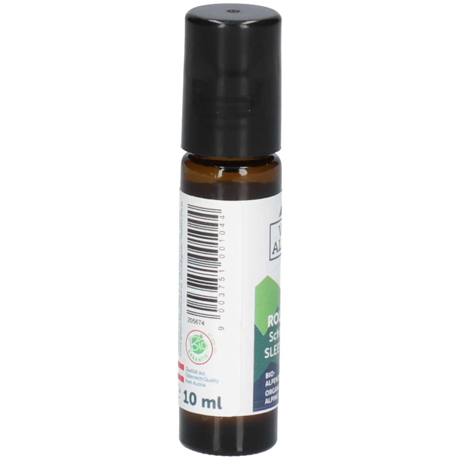 Flacon en verre brun avec bouchon noir. Code-barres et texte: VIS ALPIN Roll-On, Schlaf gut, 10 ml. Certification.