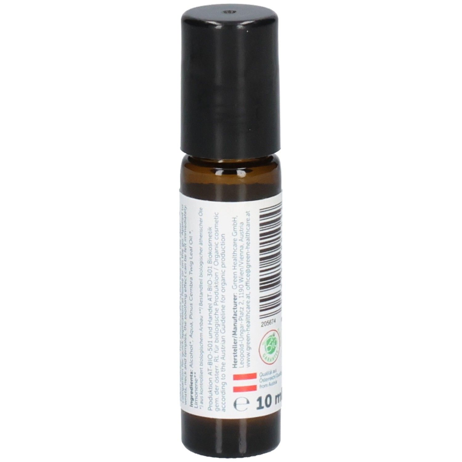 Flacon en verre brun avec bouchon noir. Texte: Ingrédients, fabricant, 10 ml. Certification. Bio-cosmétique.