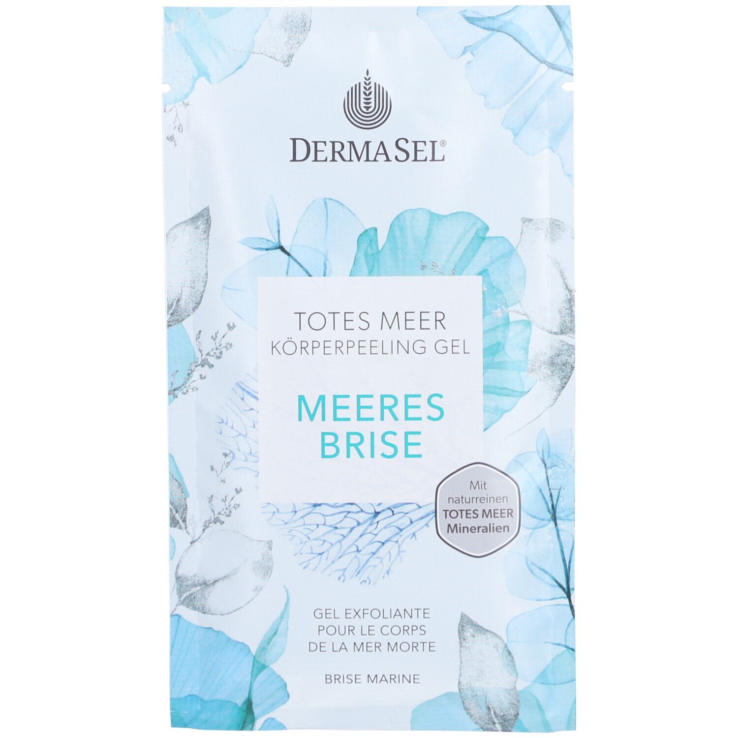 Emballage produit avec motif floral et nom du produit. Texte: DERMASEL, Totes Meer Körperpeeling Gel Meeresbrise.