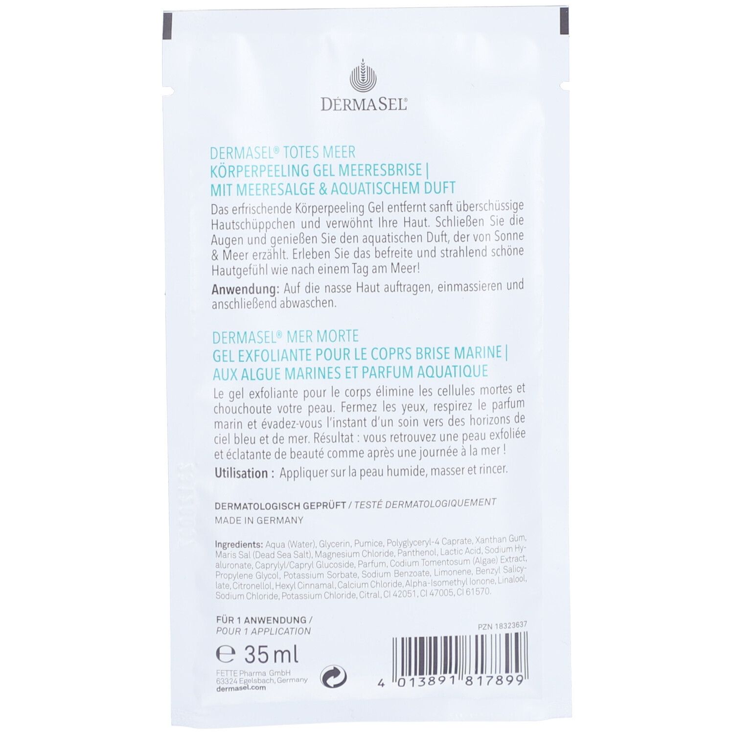 Dos de l'emballage du produit avec texte. Contient le nom du produit, les ingrédients et les instructions d'utilisation. Volume: 35ml.