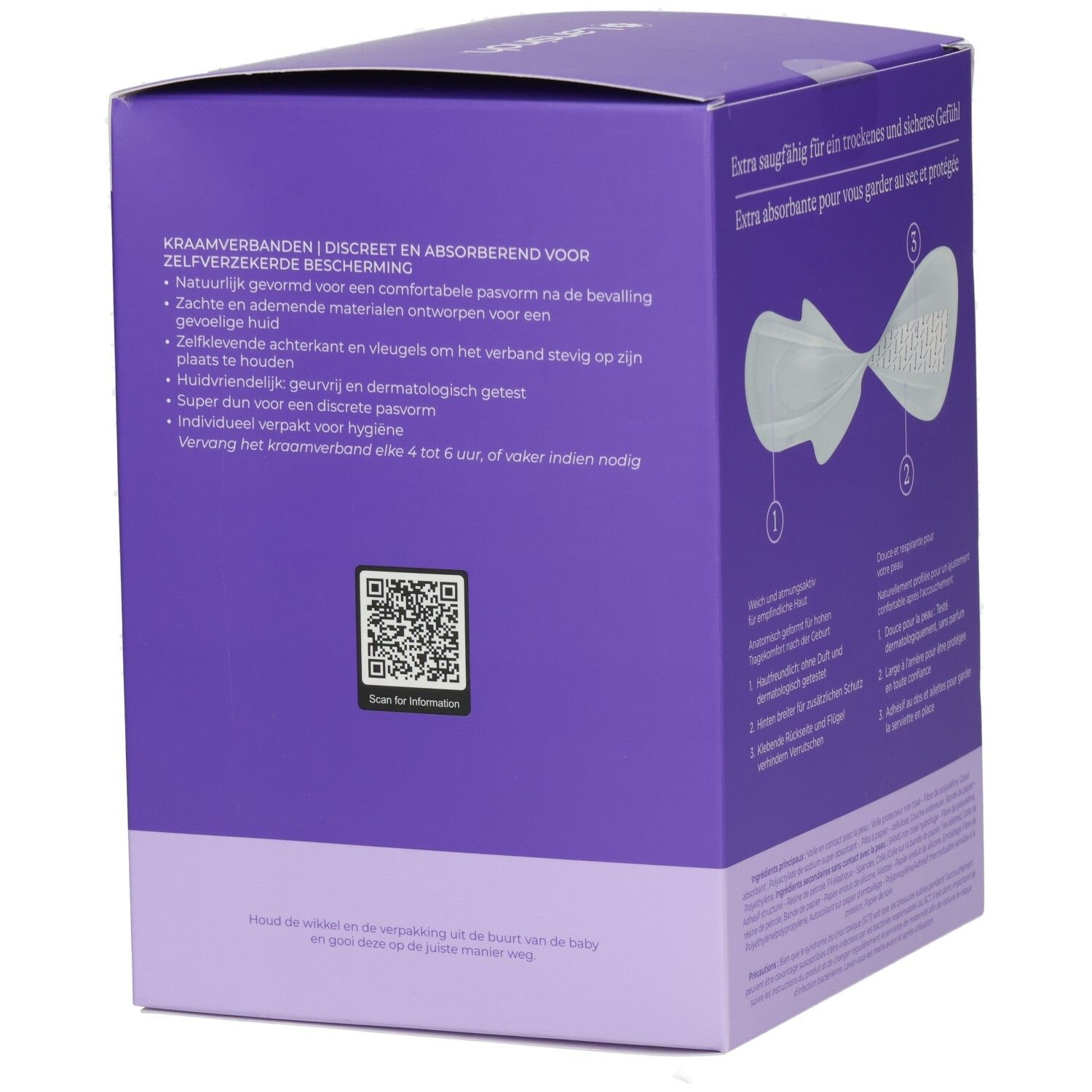 Boîte de serviettes post-accouchement Lansinoh. Dos avec recommandation de taille et texte multilingue.