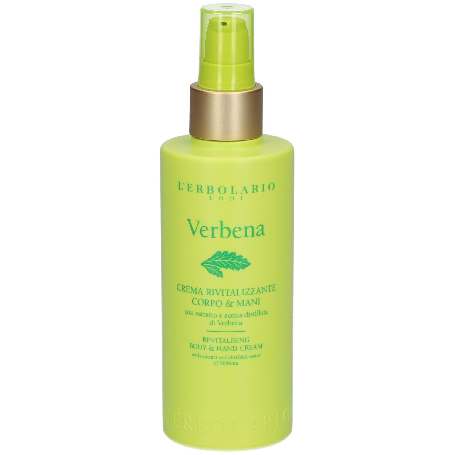 Groene fles met pomp. Opschrift: L'ERBOLARIO, Verbena, crème voor lichaam & handen.