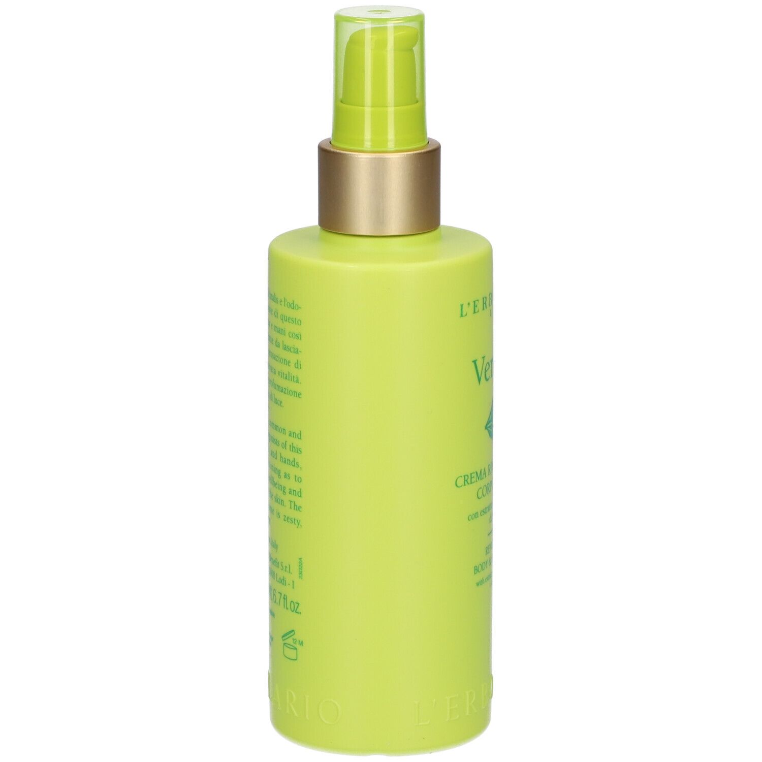 Groene fles met pomp. Opschrift: L'ERBOLARIO, Verbena, crème voor lichaam & handen.