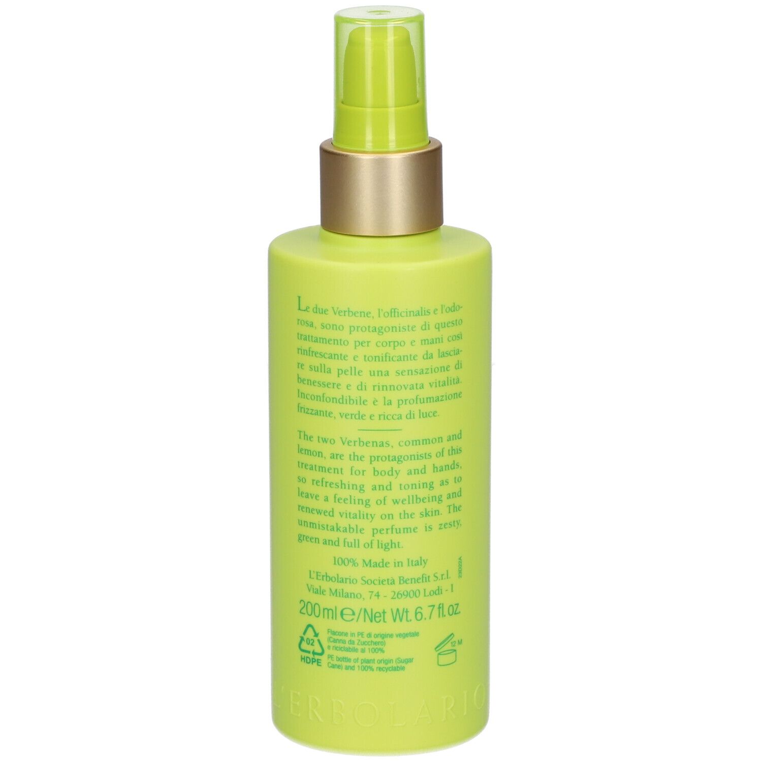Groene fles met pomp. Tekst in het Italiaans en Engels. 200ml/6.7 fl.oz.
