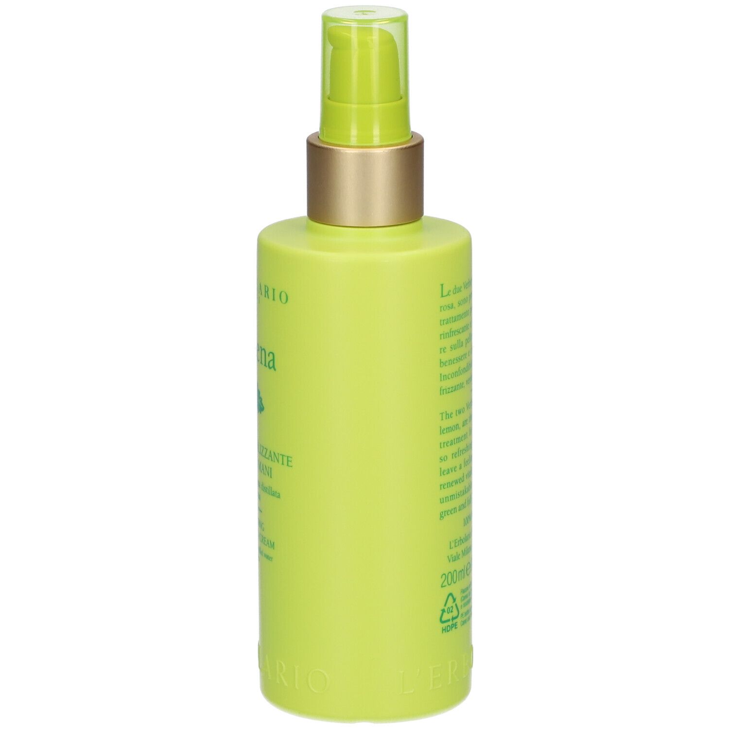 Groene fles met pomp. Opschrift: L'ERBOLARIO, Verbena, crème voor lichaam & handen.
