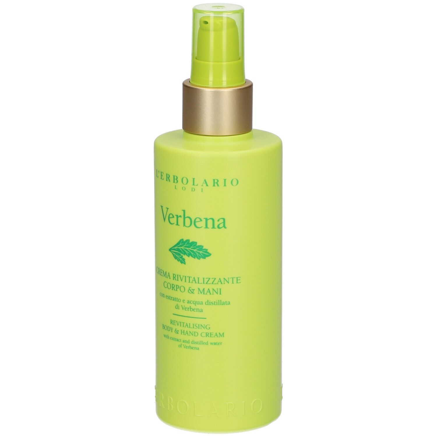 Groene fles met pomp. Opschrift: L'ERBOLARIO, Verbena, crème voor lichaam & handen.