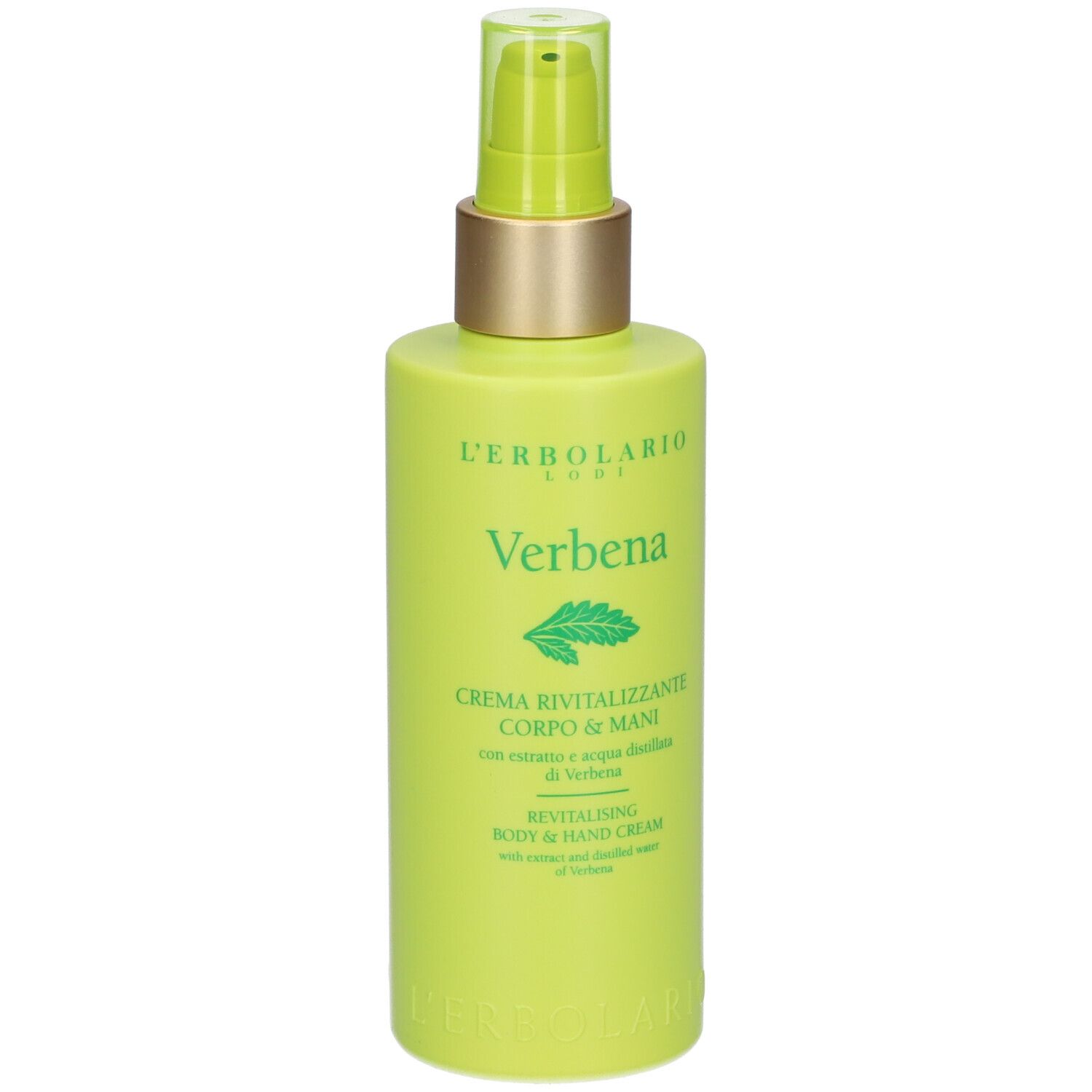 Groene fles met pomp. Opschrift: L'ERBOLARIO, Verbena, crème voor lichaam & handen.