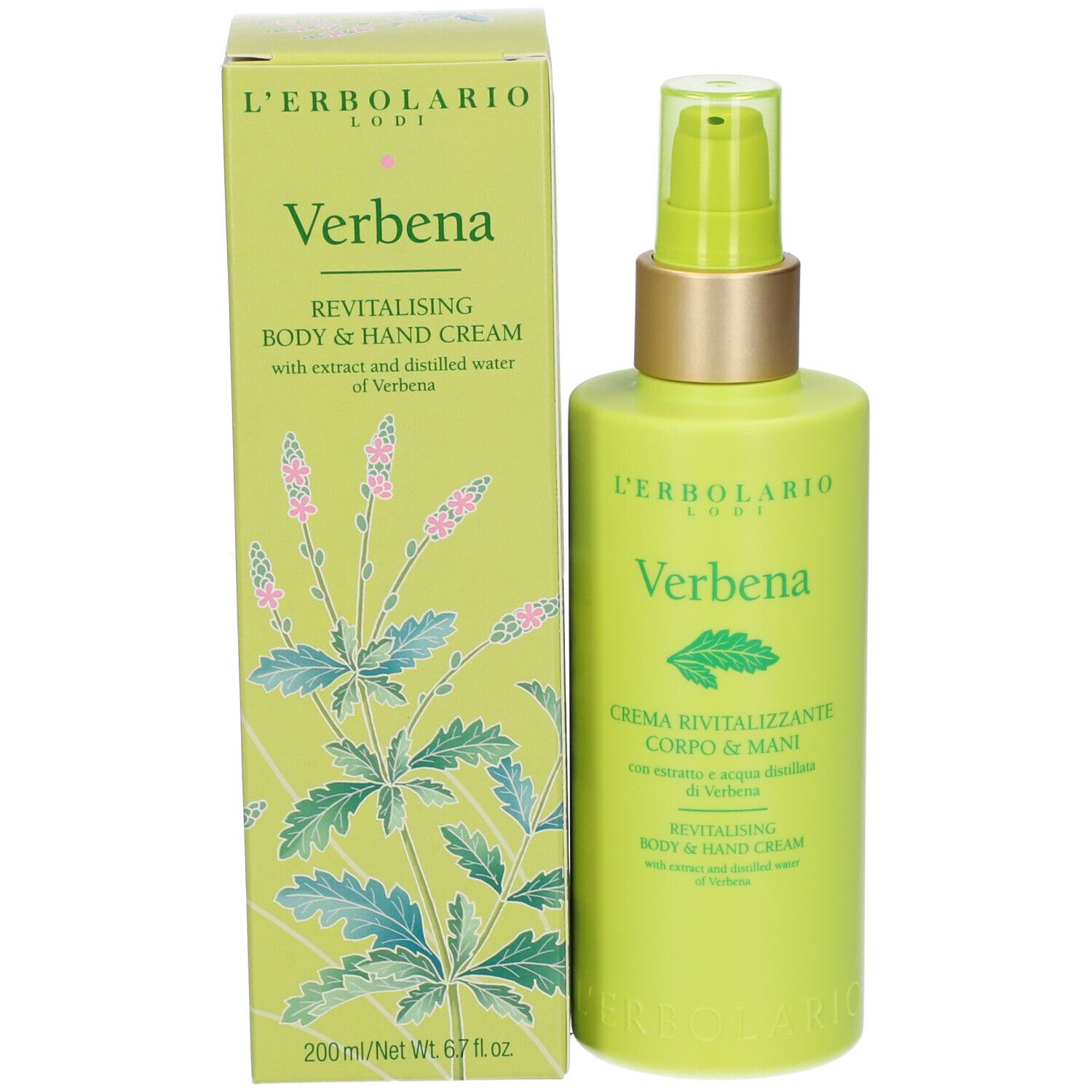 Groene fles met pomp en verpakking. Opschrift: L'ERBOLARIO, Verbena, crème voor lichaam & handen. 200 ml.