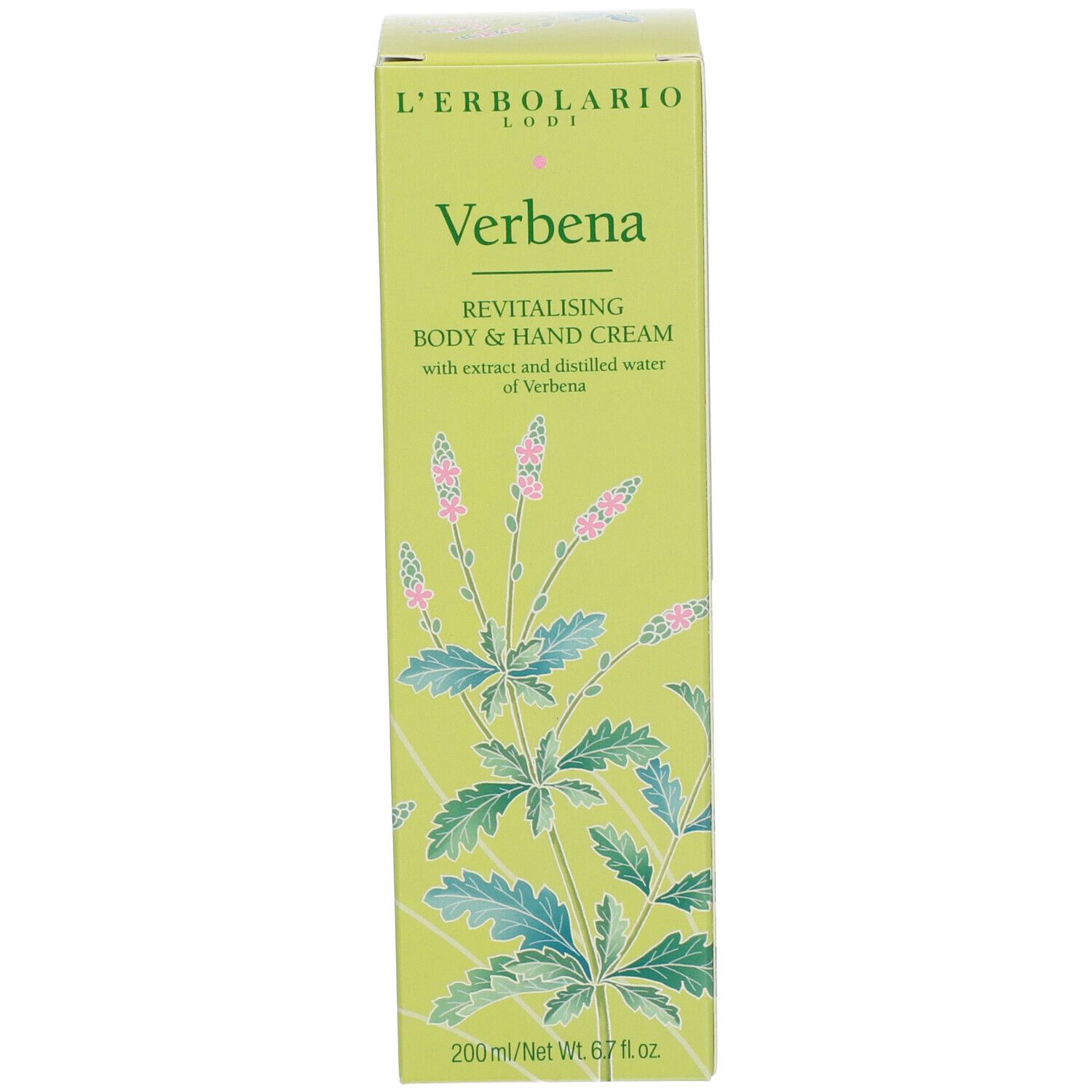 Verpakking. Opschrift: L'ERBOLARIO, Verbena, crème voor lichaam & handen. 200 ml.