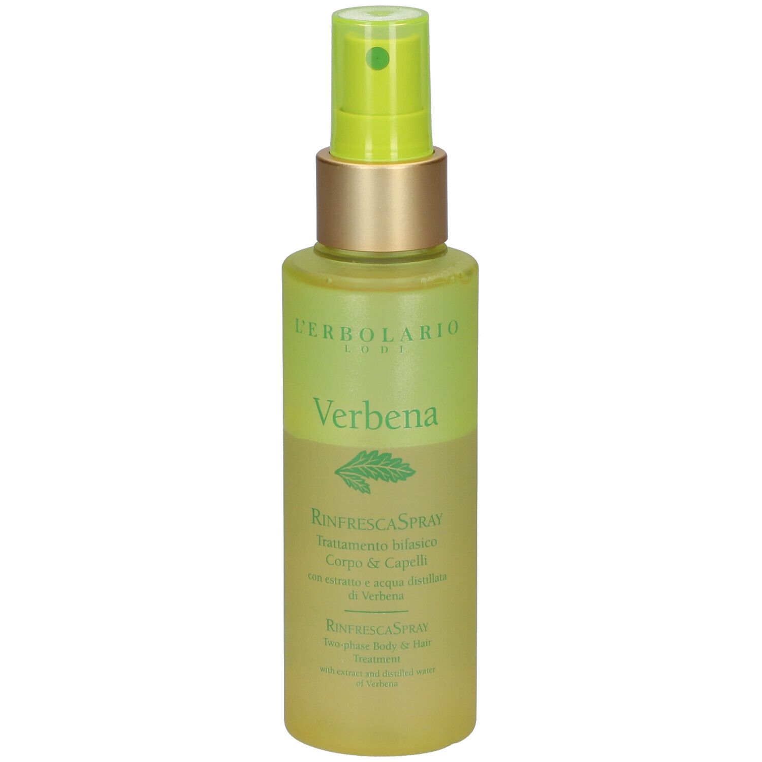 L'Erbolario bodyspray. Groene fles met verstuiver. Verbena label.