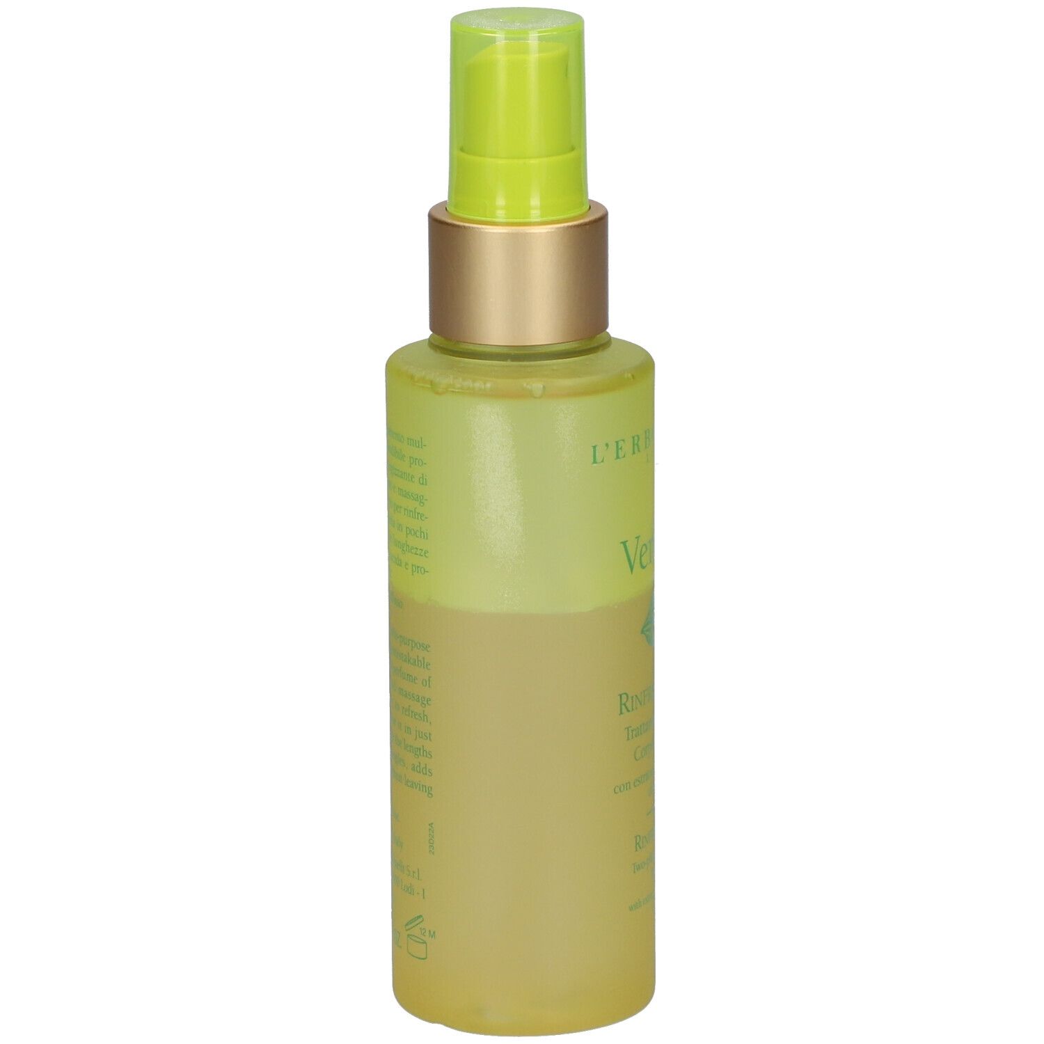L'Erbolario bodyspray. Achteraanzicht van de groene fles met verstuiver.