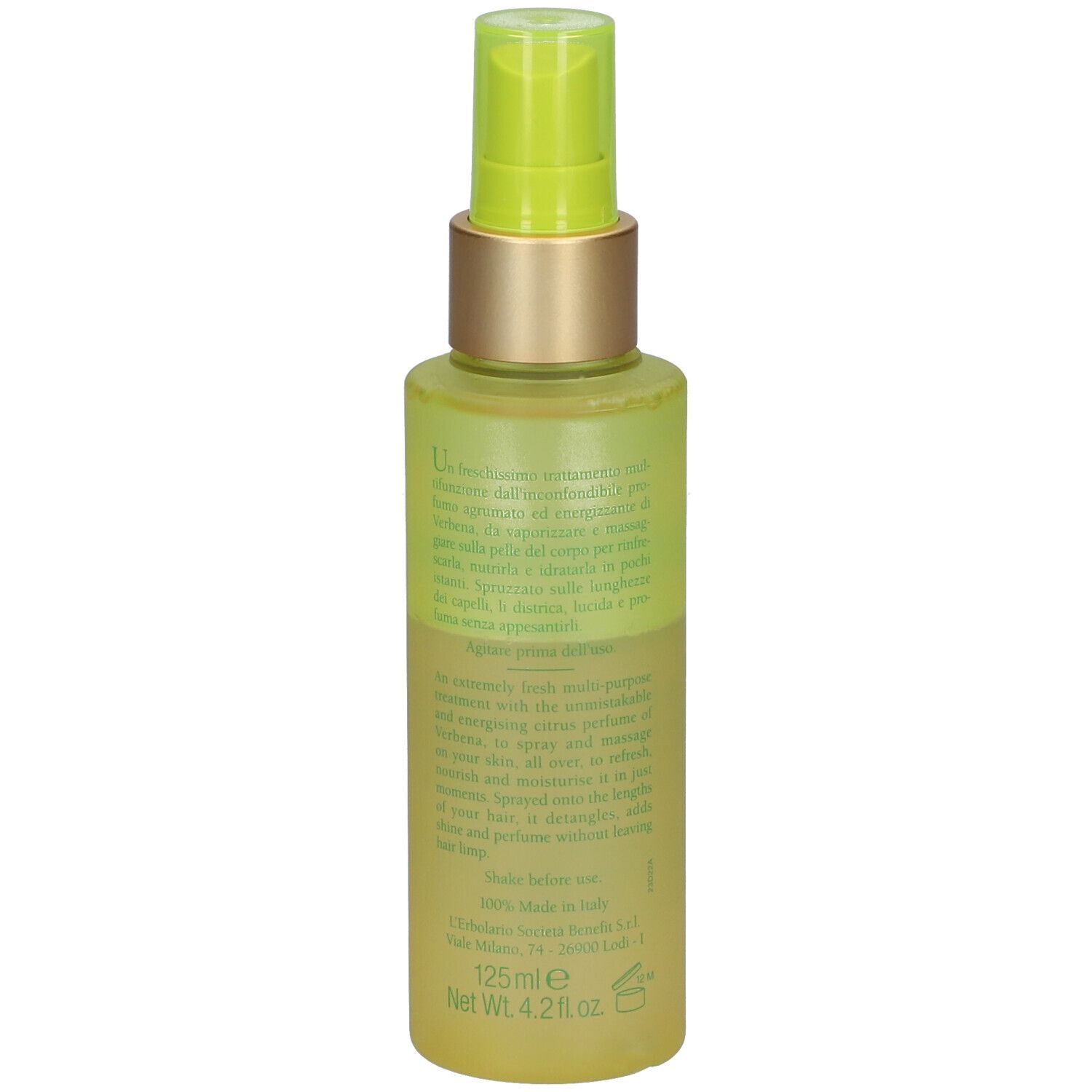 L'Erbolario bodyspray. Achterkant met tekst. 125ml. Gemaakt in Italië.