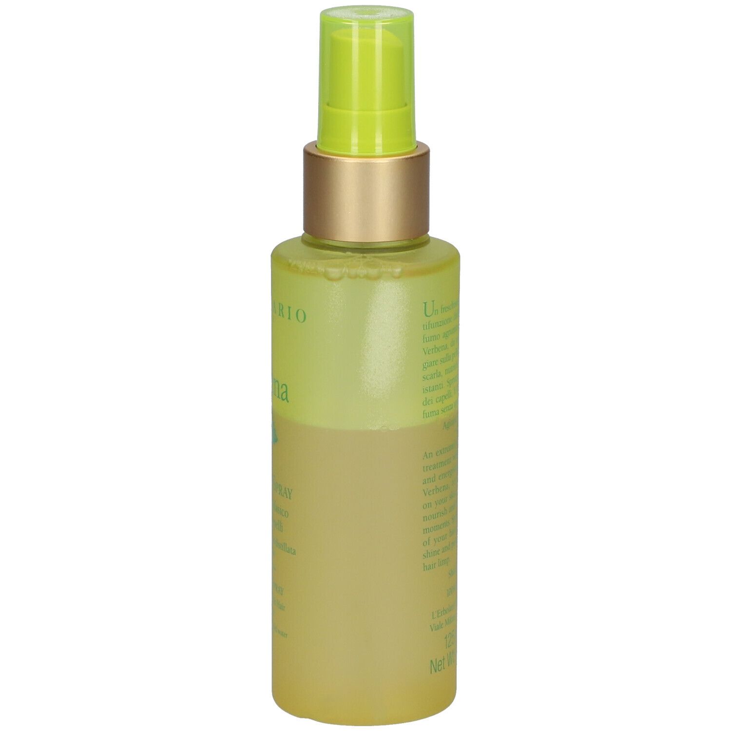 L'Erbolario bodyspray. Achteraanzicht van de groene fles met tekst.