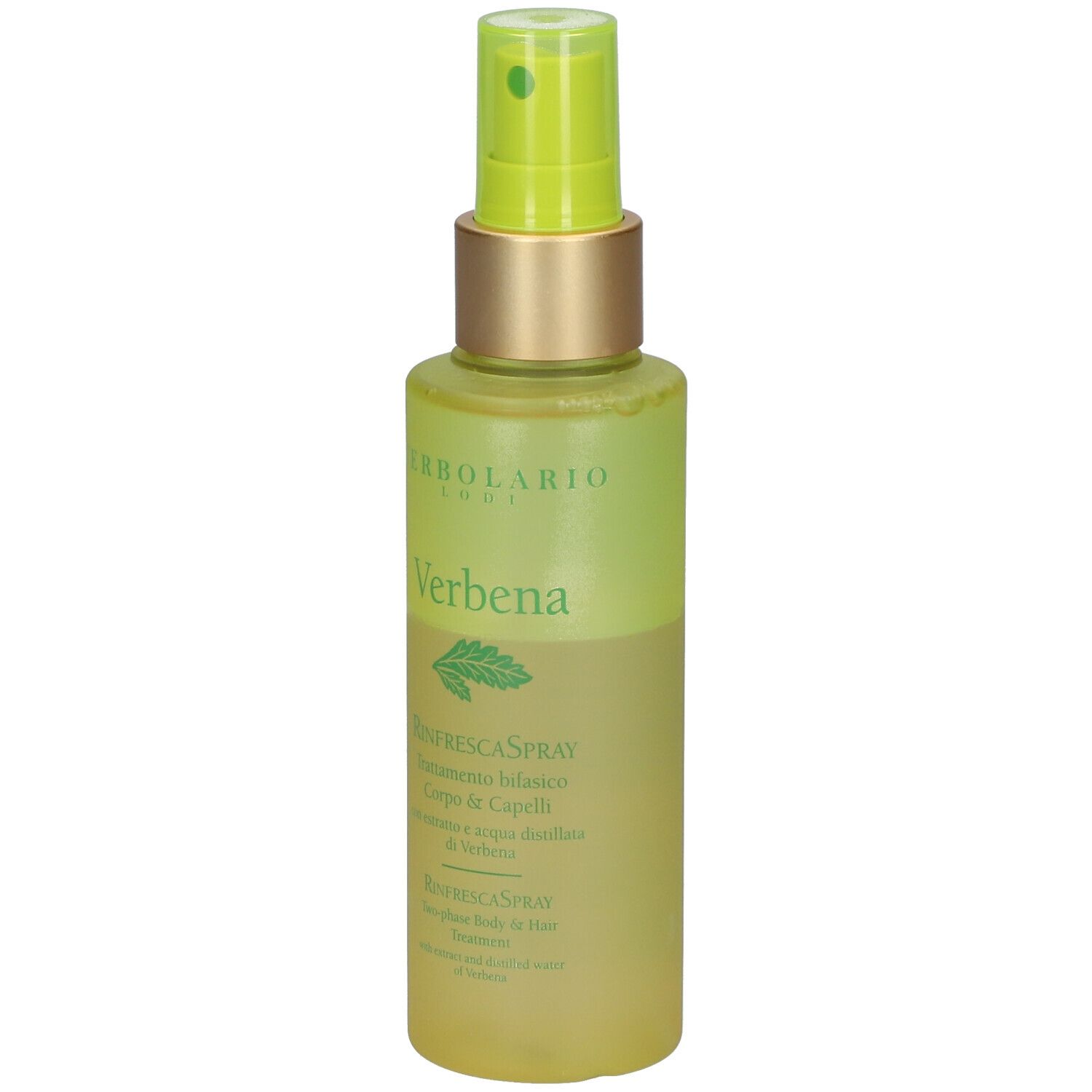 L'Erbolario bodyspray. Groene fles met verstuiver. Verbena label.