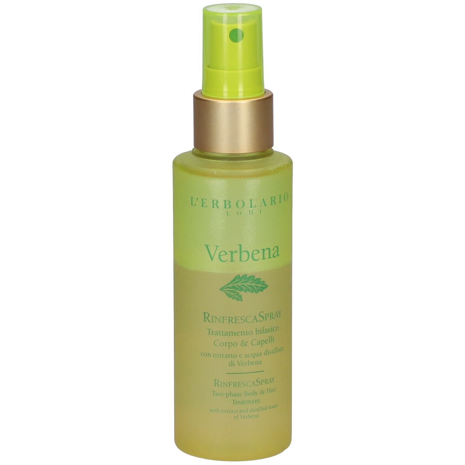 L'Erbolario bodyspray. Groene fles met verstuiver. Verbena label.