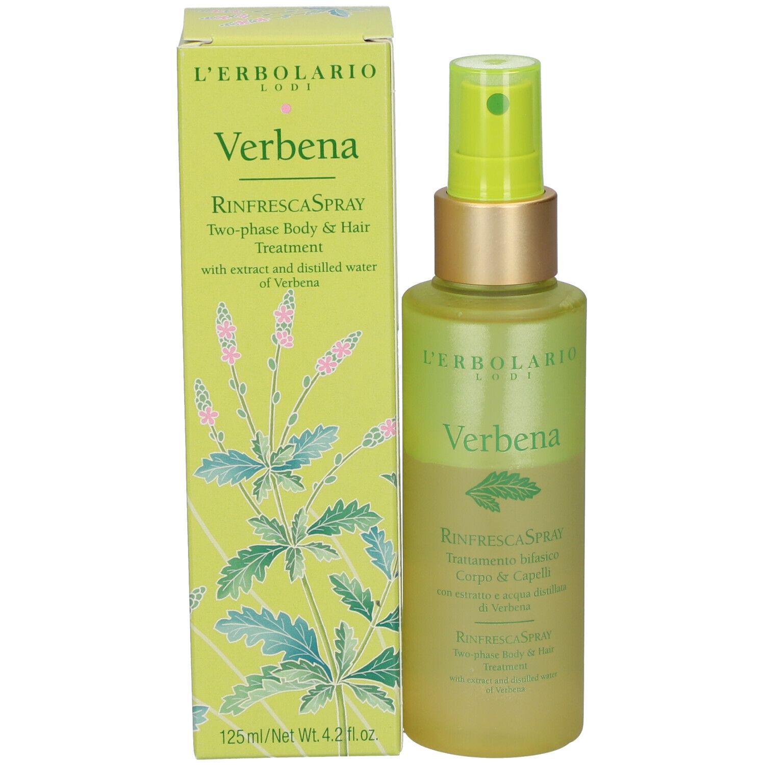 L'Erbolario Verbena bodyspray en verpakking. Groene fles en doos.