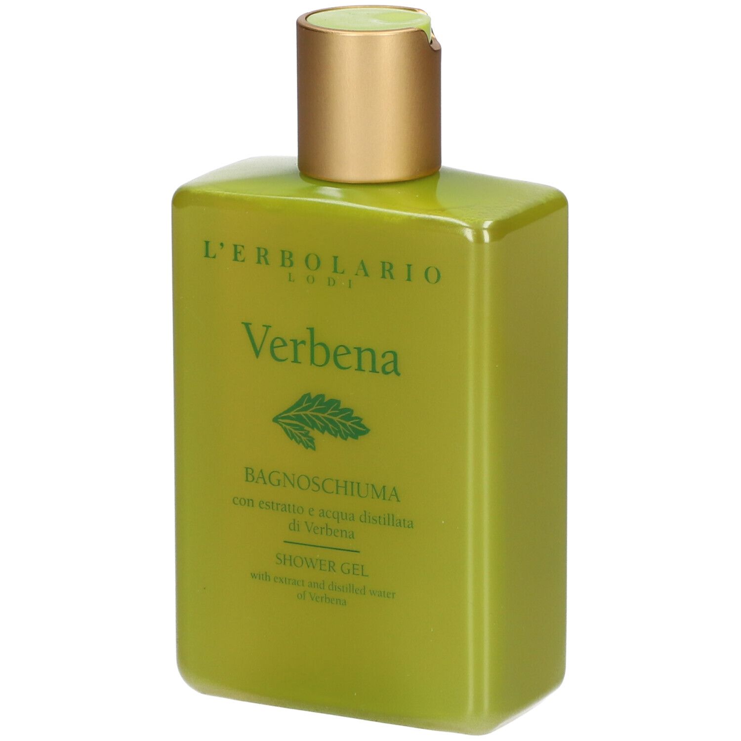 Groene douchegel met gouden dop. Opschrift: Verbena, L'ERBOLARIO LODI. Flesvorm: rechthoekig.