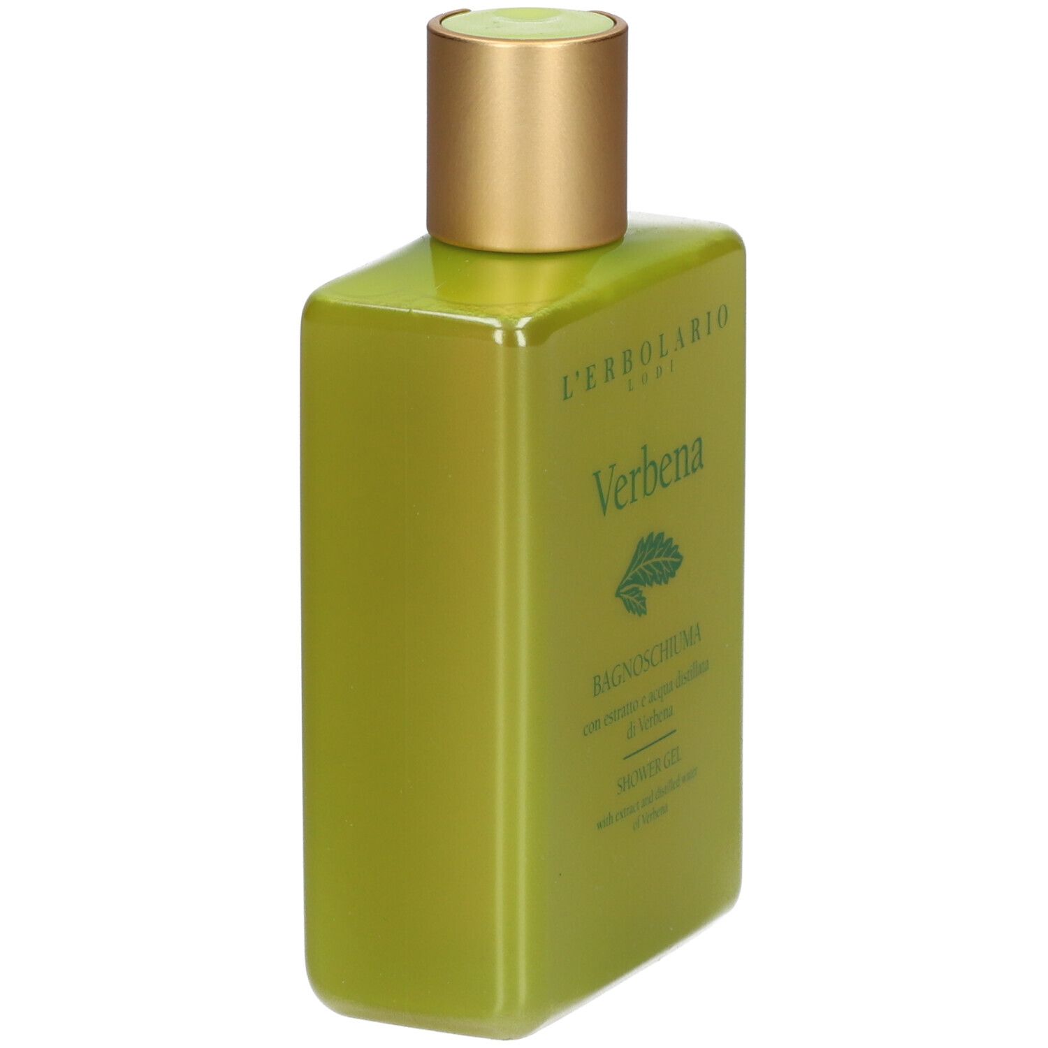 Groene douchegel met gouden dop. Opschrift: Verbena, L'ERBOLARIO LODI. Fles schuin geplaatst.