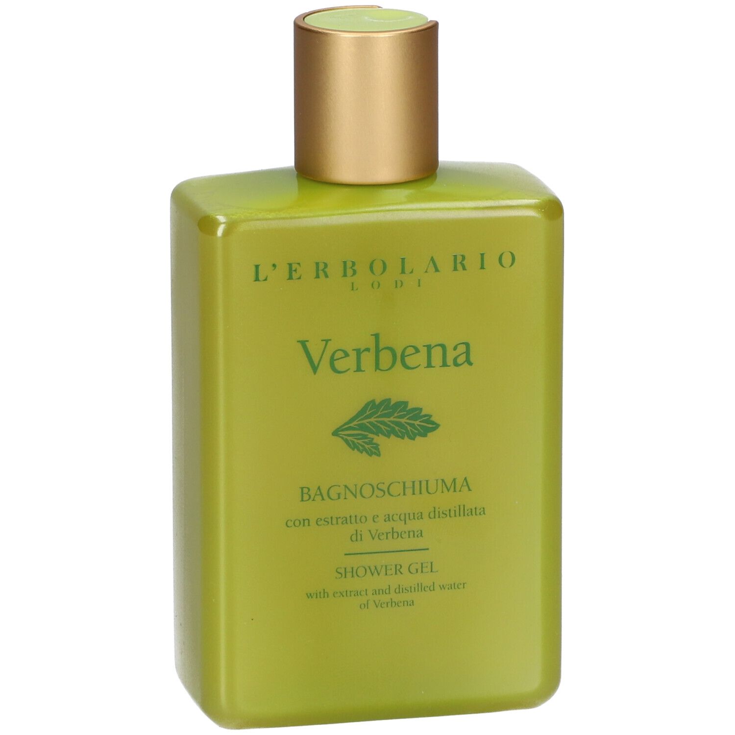 Groene douchegel met gouden dop. Opschrift: Verbena, L'ERBOLARIO LODI. Flesvorm: rechthoekig.