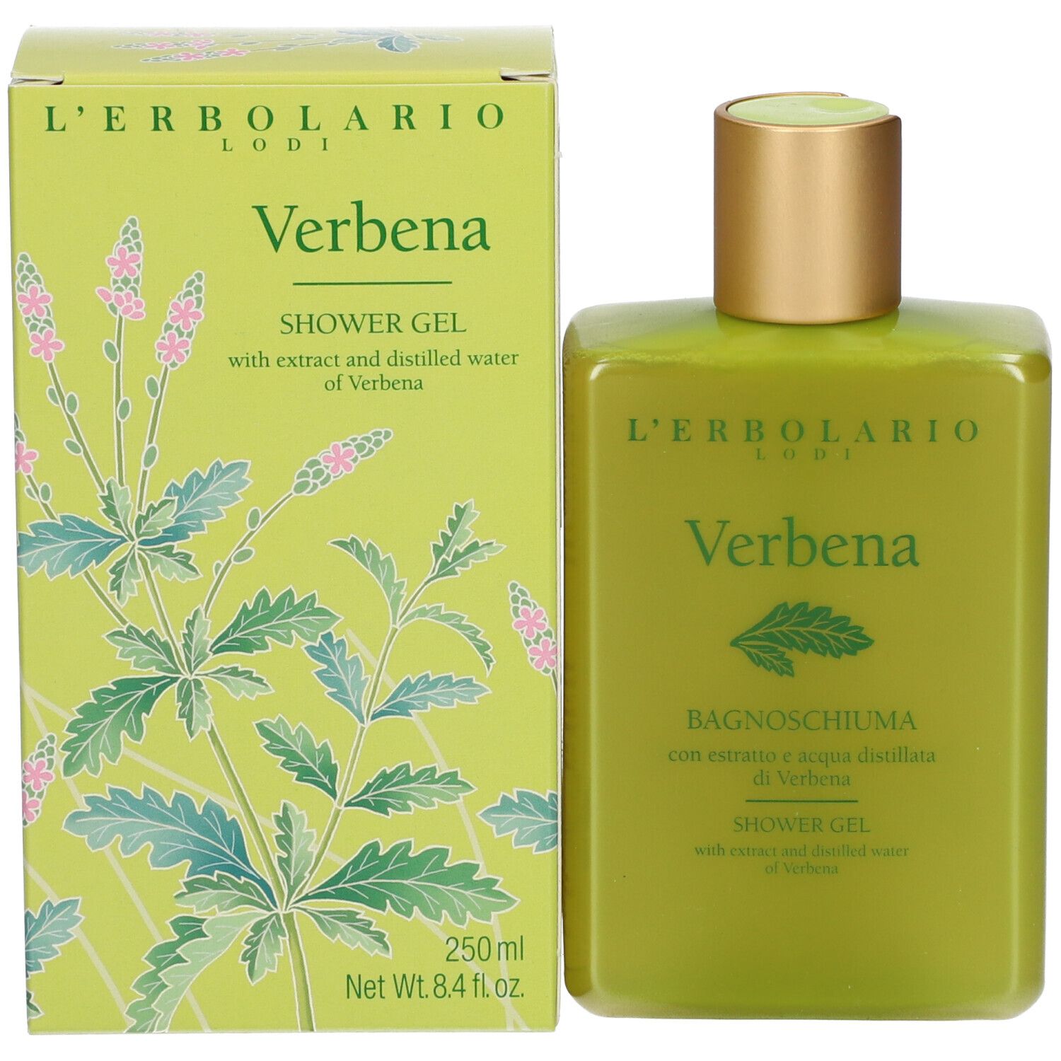 Groene douchegel en verpakking. Opschrift: Verbena, L'ERBOLARIO LODI. Verpakking met bloemenmotief.