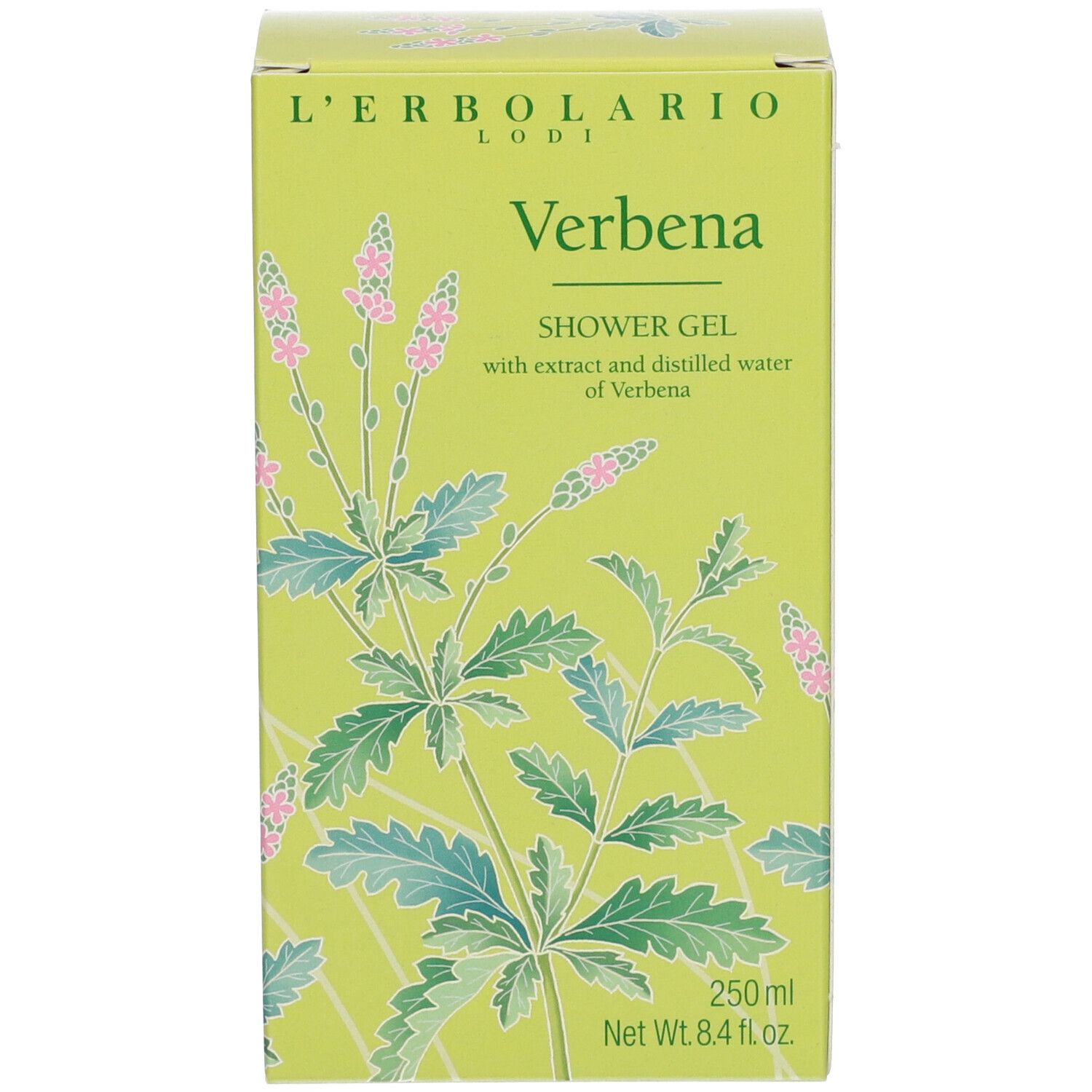 Verpakking met bloemenmotief. Opschrift: Verbena, L'ERBOLARIO LODI. Groene kleur, rechthoekige vorm.